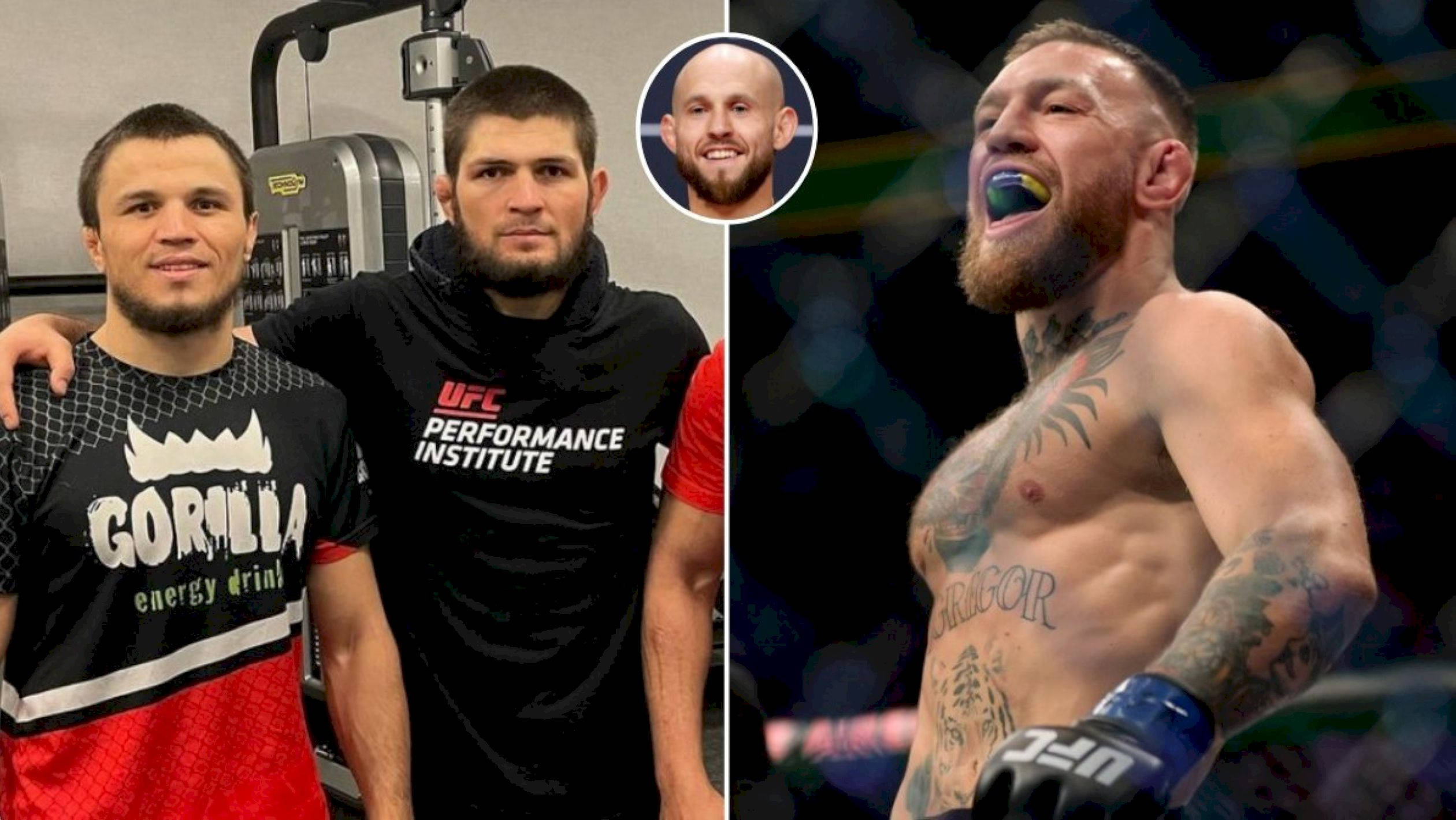 UFC 桌布 壁紙 — 兩名拳手在健身房一起擺姿勢，而第三名在八角籠中勝利慶祝。
