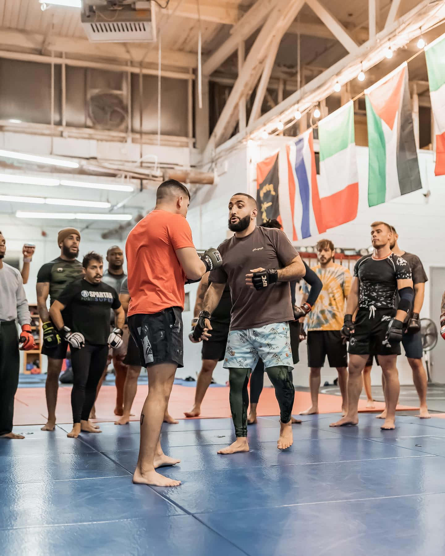 UFC 桌布 壁紙 — 兩名拳手在健身房對峙，隊友在懸掛的旗幟下專注觀看。