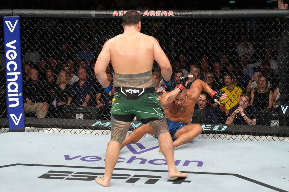 UFC 桌布 壁紙 — 兩名拳手在八角籠中交鋒，其中一人在高風險的MMA比賽中向對手頭部施以強力膝擊。