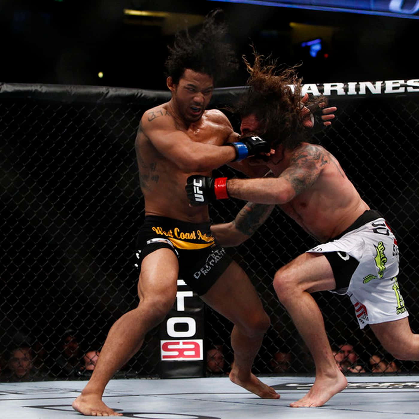 MMA 桌布 壁紙 — 兩名拳手在八角籠內進行一場激烈的MMA比賽，頭髮飛揚，表情猙獰。
