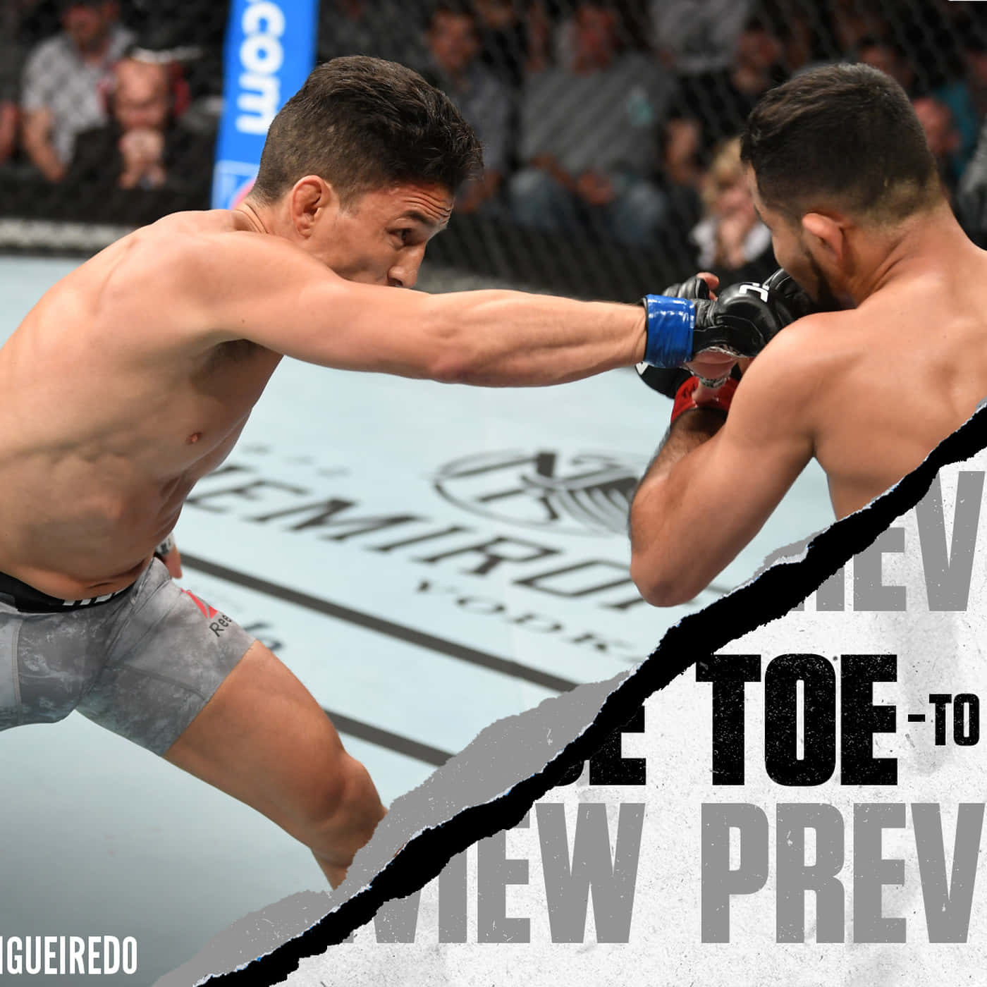 UFC 桌布 壁紙 — 兩名拳手在八角籠內進行一場高強度的MMA比賽，其中一人向對手面部打出強力一拳。