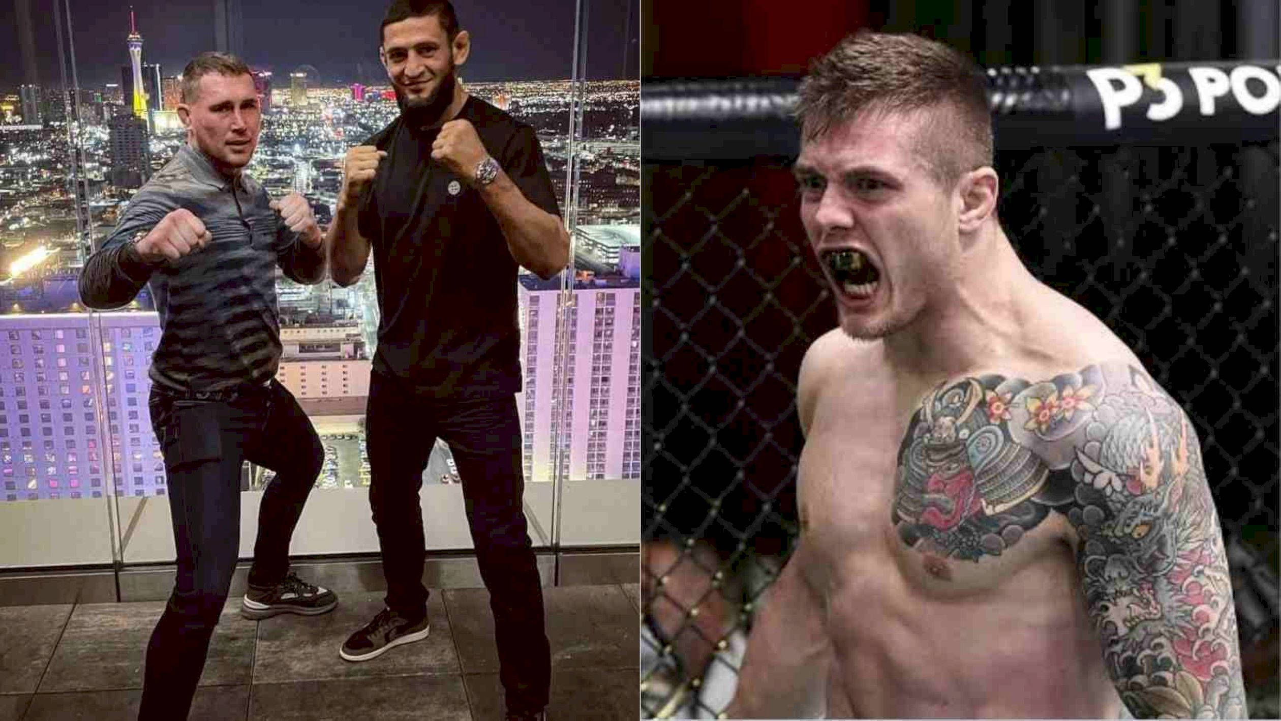 UFC 桌布 壁紙 — 兩名拳手在城市景觀中自信地擺姿勢，而一名紋身拳手在籠內咆哮。