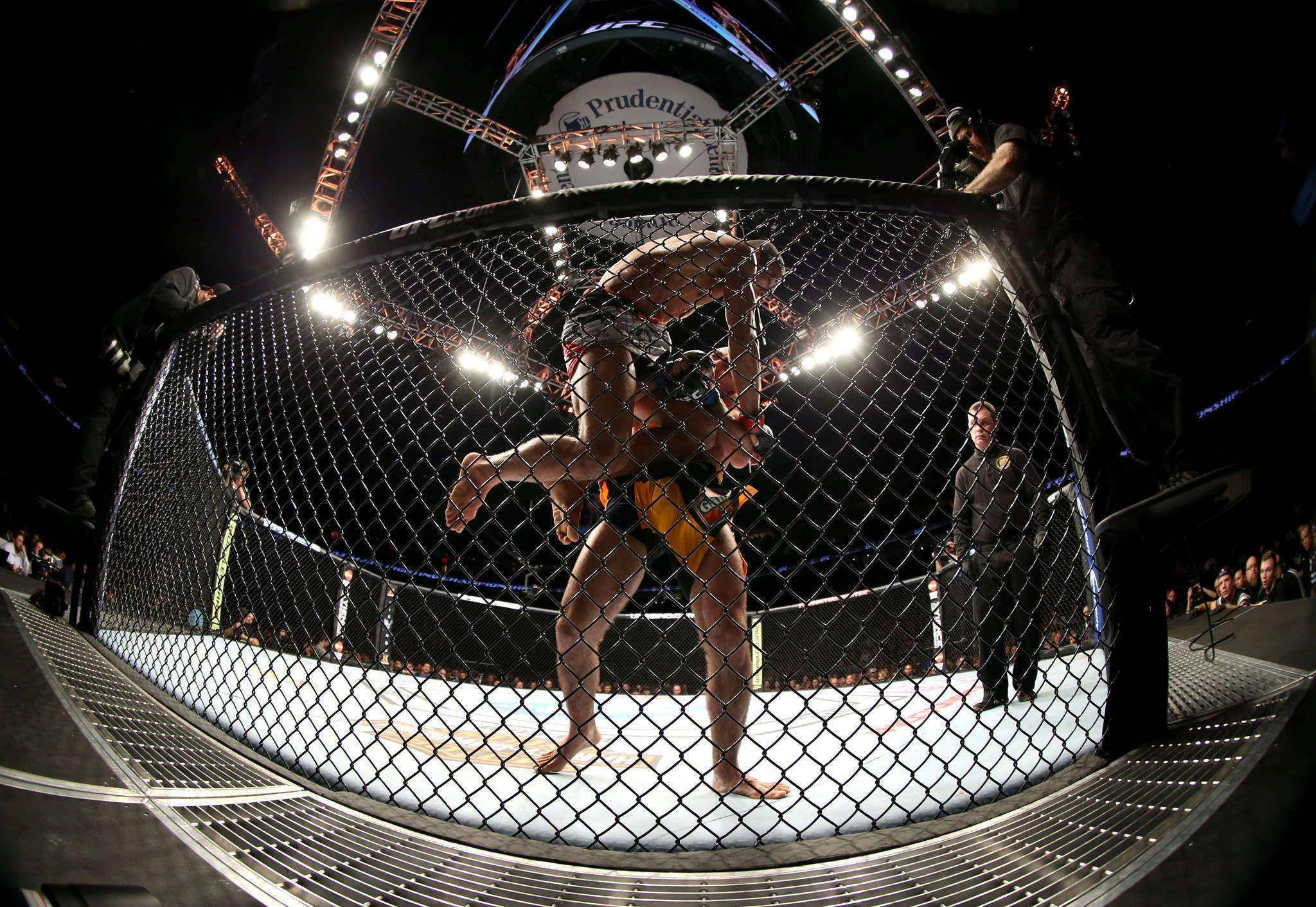 Fight 桌布 壁紙 — 兩名拳手在明亮的八角籠內，於場館燈光下激烈纏鬥。
