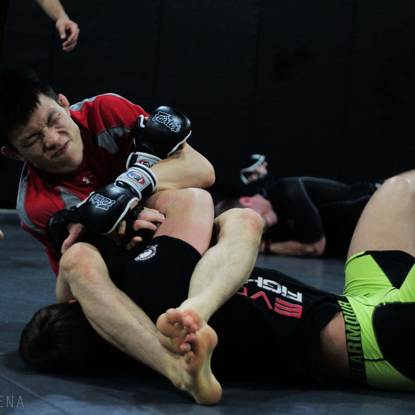 martial arts 桌布 壁紙 — 兩名拳手在深色墊子上激烈纏鬥，一人施展腿部鎖定，另一人奮力抵抗。