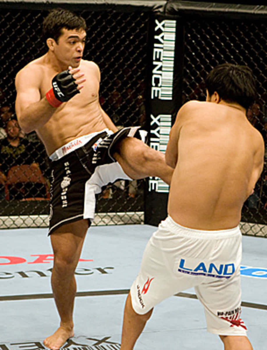 UFC 桌布 壁紙 — 兩名拳手在籠中交鋒，一人使出高踢，另一人防守。