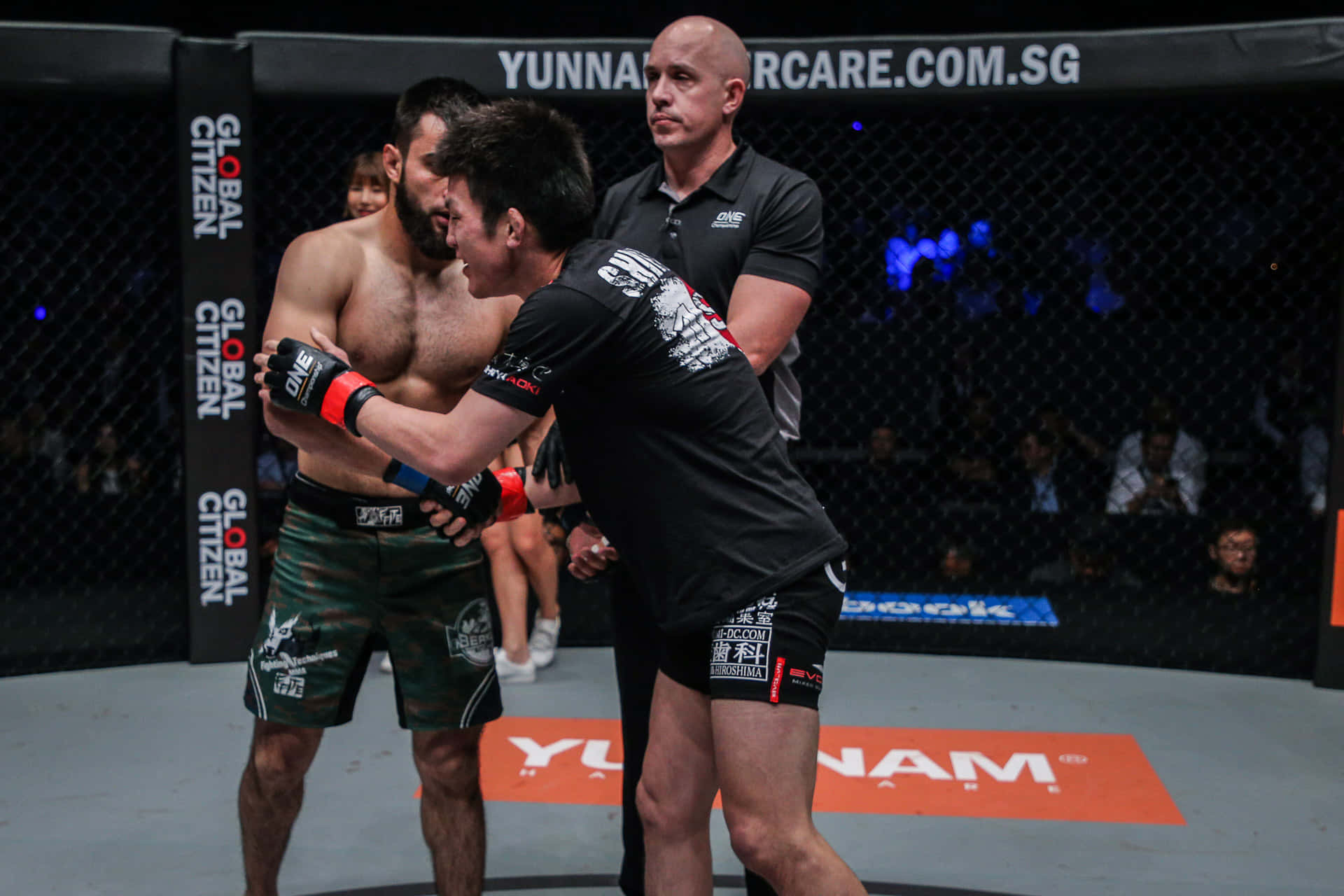 martial arts 桌布 壁紙 — 兩名拳手在綜合格鬥籠中擁抱，裁判在場館燈光下近距離觀察。