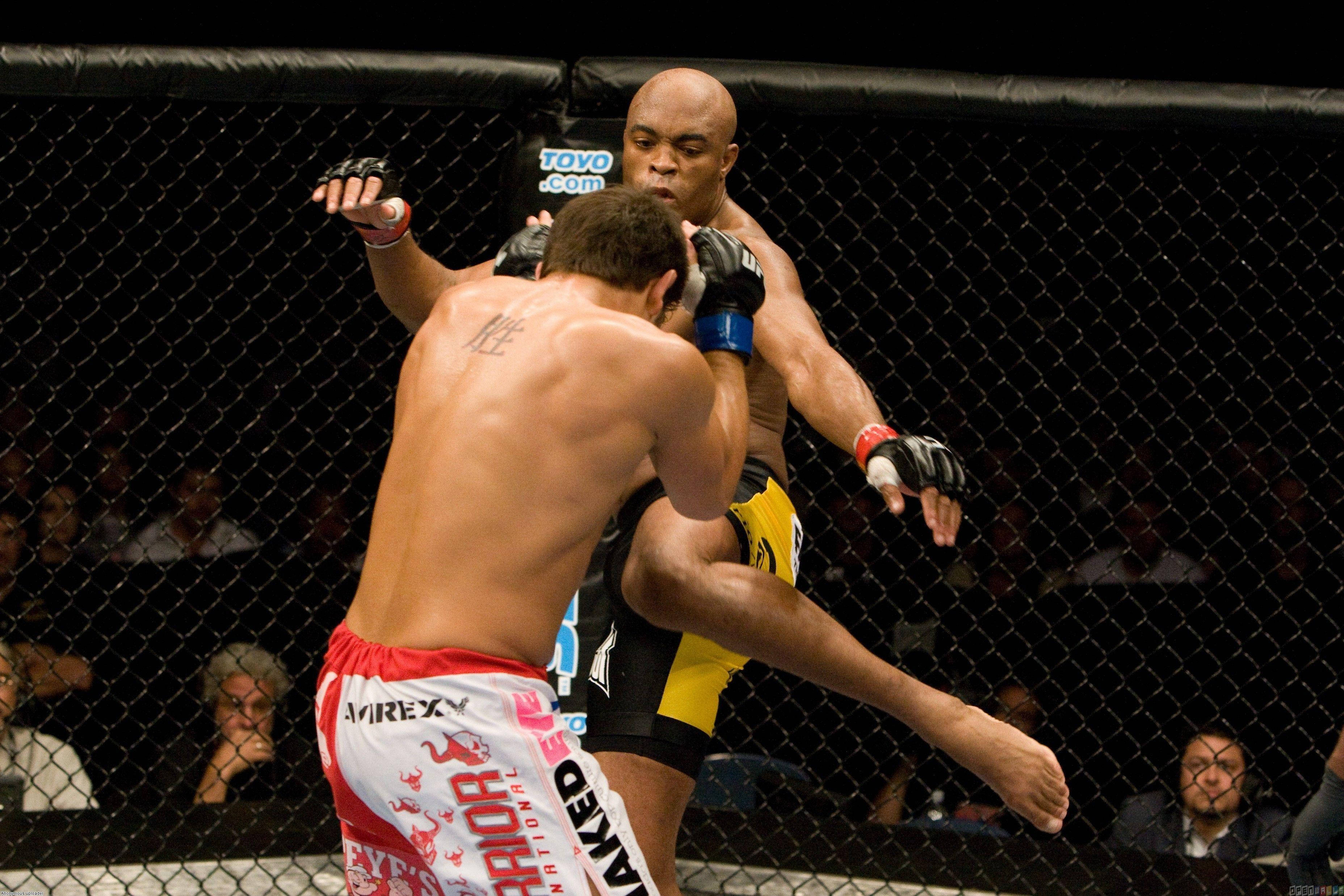 UFC 桌布 壁紙 — 兩名拳手在鐵籠中交鋒，其中一人在明亮的場館燈光下向對手軀幹踢出強力一腳。