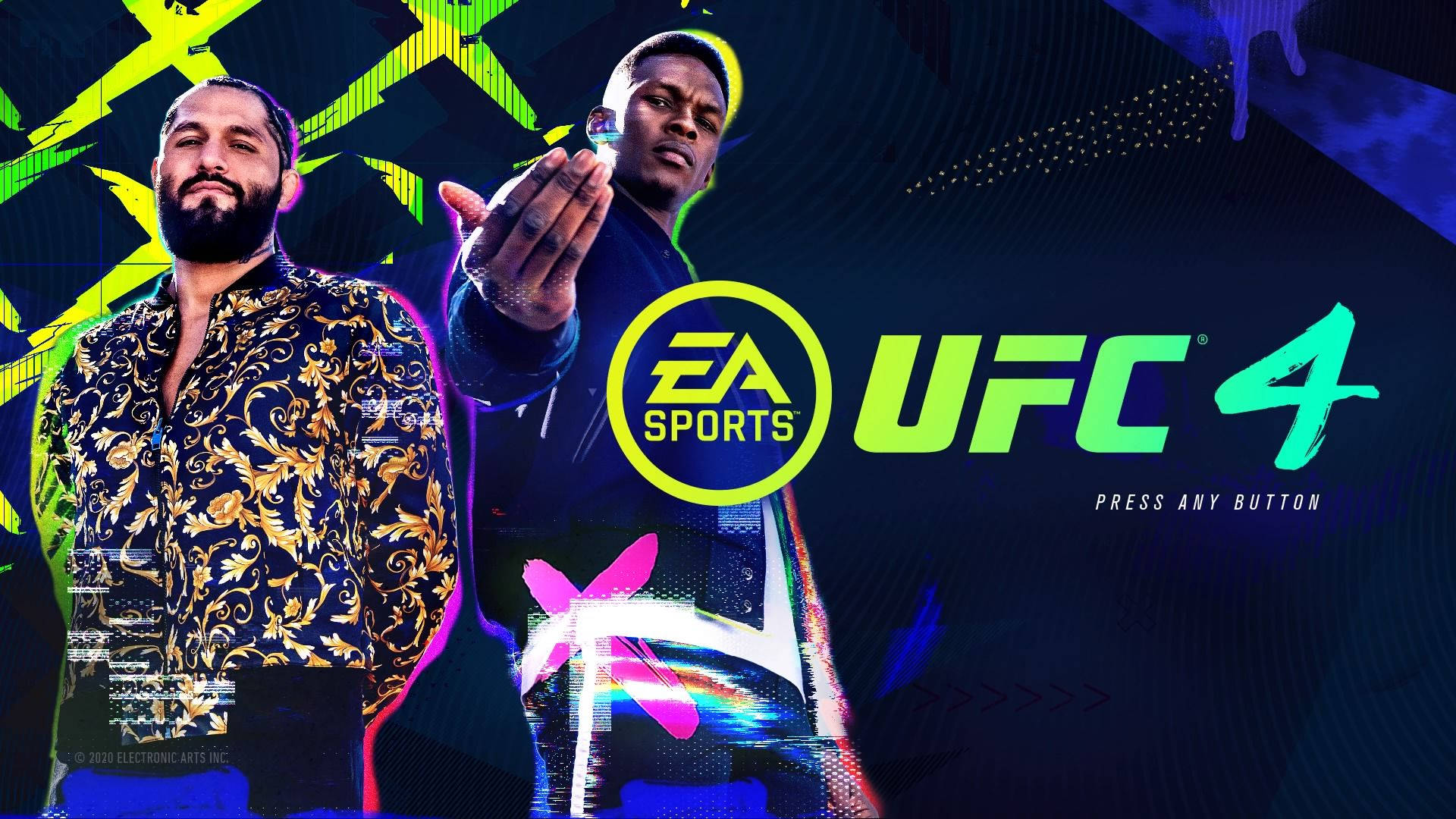 UFC 桌布 壁紙 — 兩名拳手在霓虹燈數位背景前動態擺姿勢，宣傳EA Sports UFC 4，帶有鮮明的故障效果。