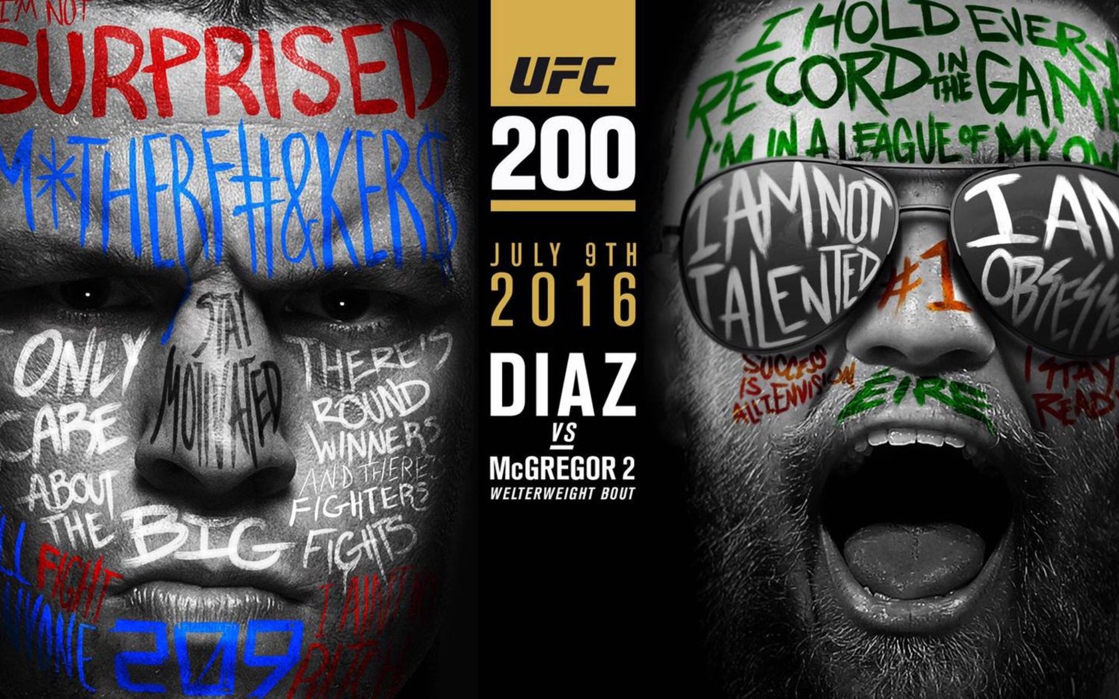 UFC 桌布 壁紙 — 兩名拳手的臉上覆蓋著大膽的塗鴉風格文字，宣傳UFC 200 Diaz vs McGregor 2。
