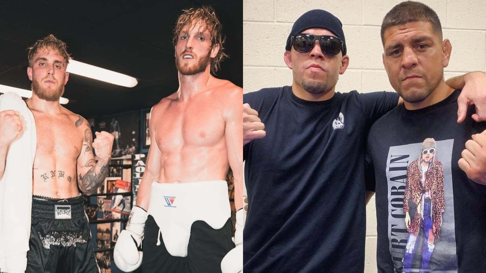 UFC 桌布 壁紙 — 兩名拳擊手在健身房赤裸上身擺姿勢，另外兩名穿著休閒服的男子在室內站在一起。