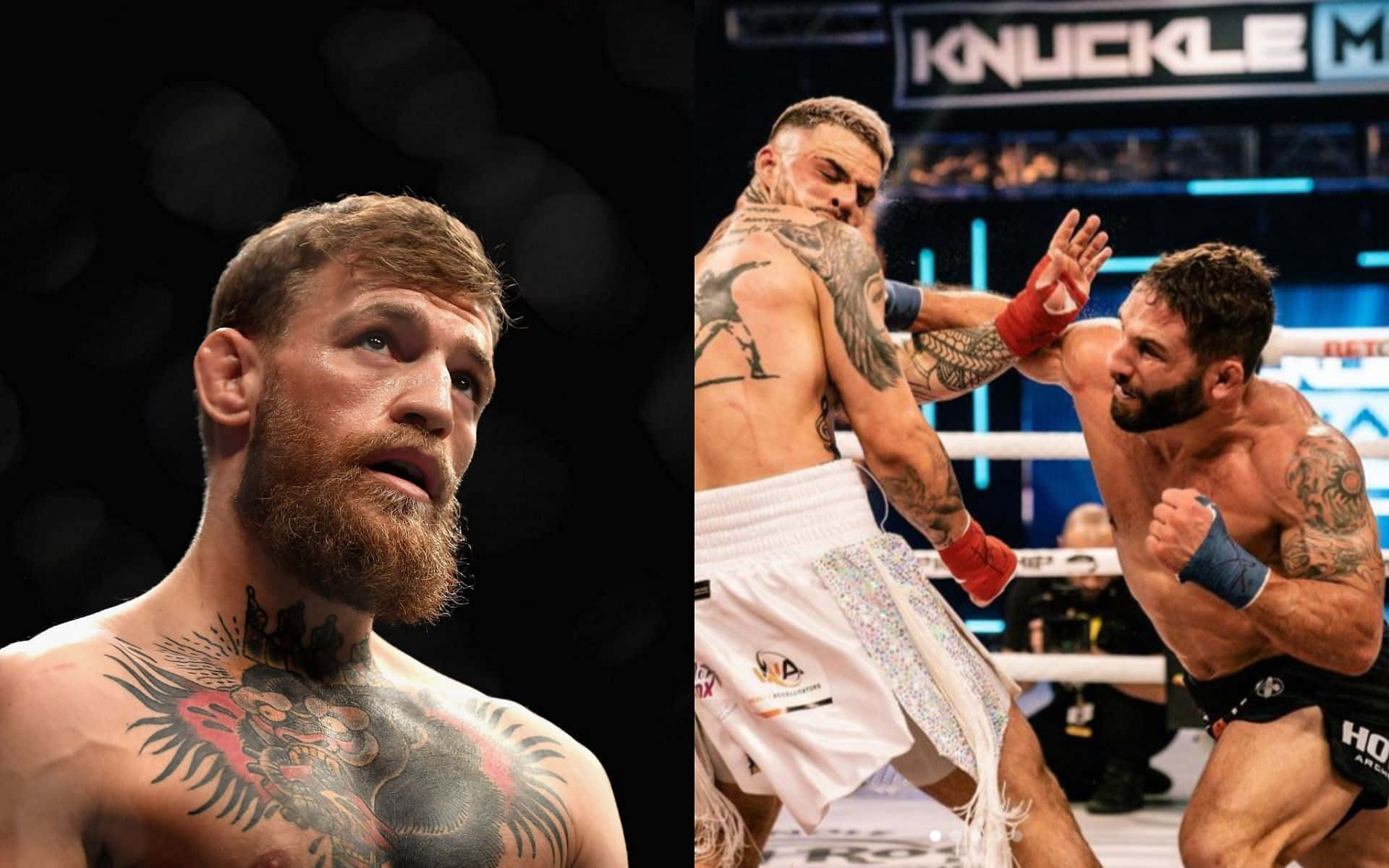 MMA 桌布 壁紙 — 兩名拳擊手在拳擊台上，身上有刺青，在明亮的場館燈光下展現出強烈的表情。