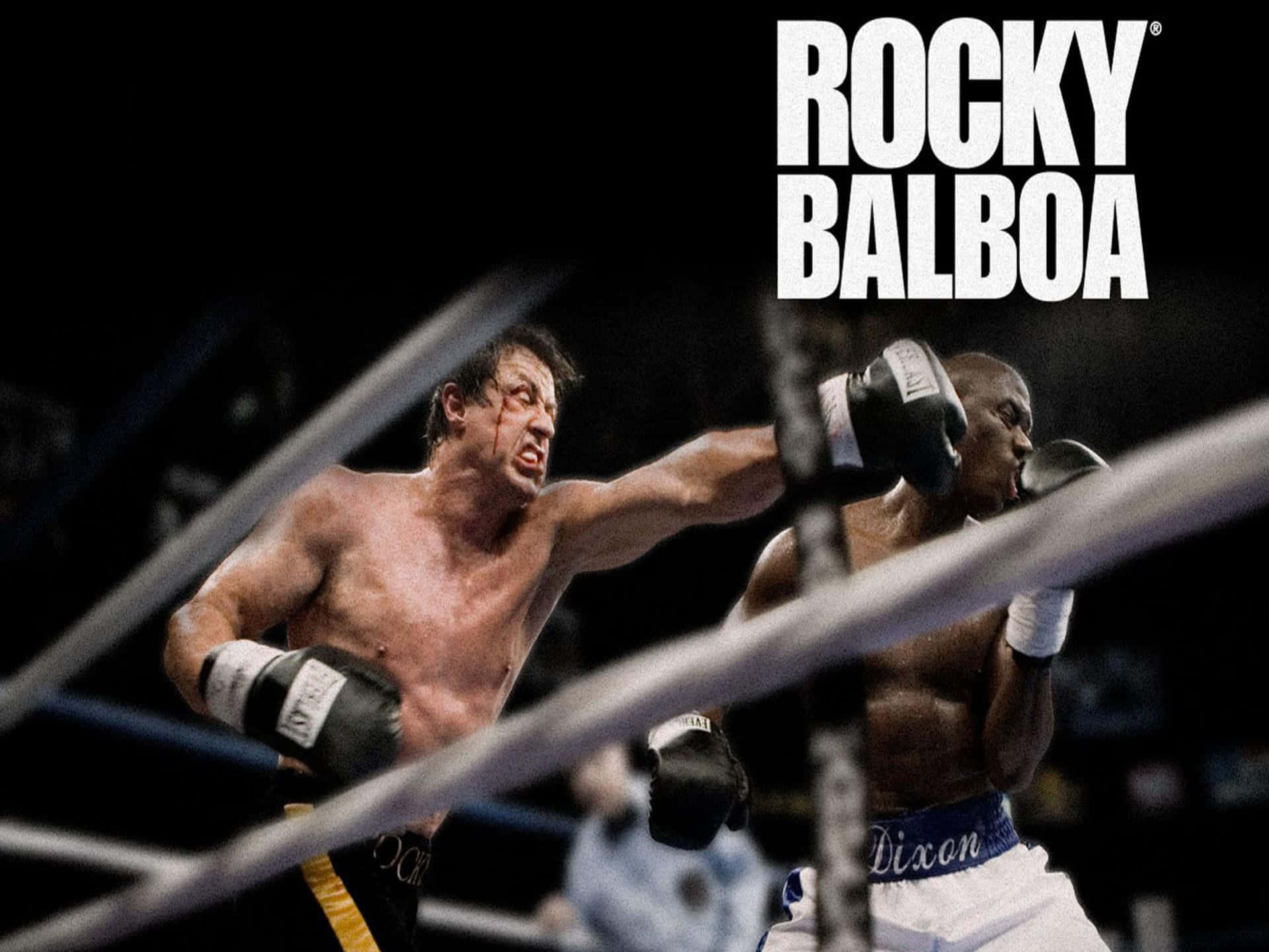 運動 桌布 壁紙 — 兩名拳擊手在粗糙的擂台上於明亮燈光下交鋒，上方有「Rocky Balboa」標題。