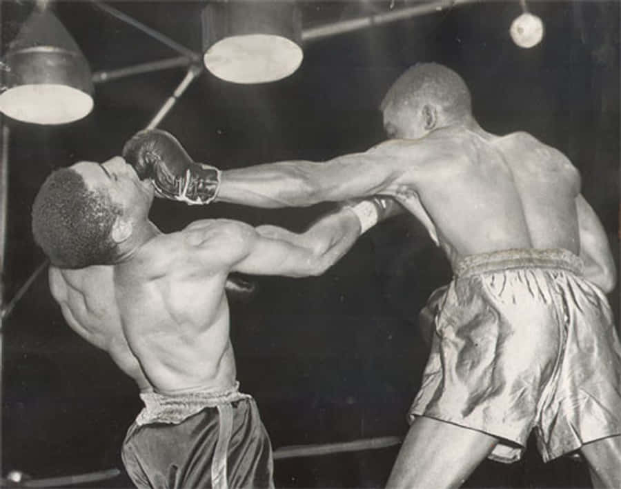 Boxing 桌布 壁紙 — 兩名拳擊手在粗糙的黑白擂台上，在刺眼的頭頂燈光下激烈交鋒，捕捉原始強度。