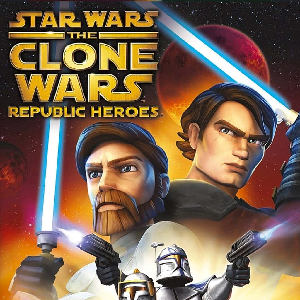 The Clone Army 桌布 壁紙 — 兩名持有藍色光劍的絕地武士在熾熱星空背景（包含一顆紅色行星）前準備就緒。