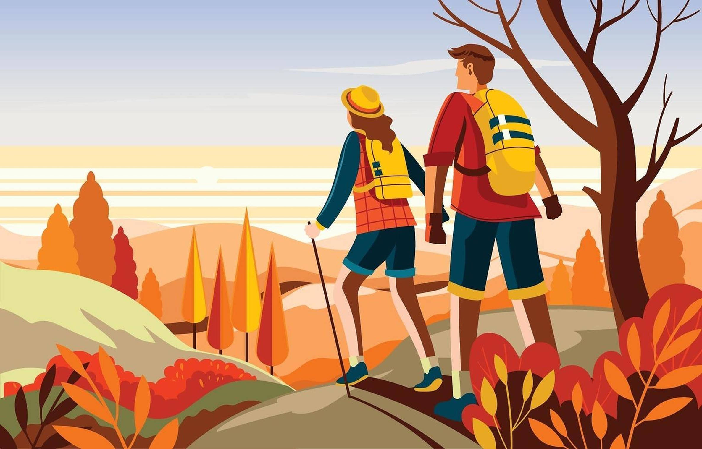 Hiking 桌布 壁紙 — 兩名揹著背包的遠足者沿著蜿蜒的小徑穿過充滿活力的秋日森林，森林裡有色彩繽紛的樹葉和光禿禿的樹木，天空柔和。