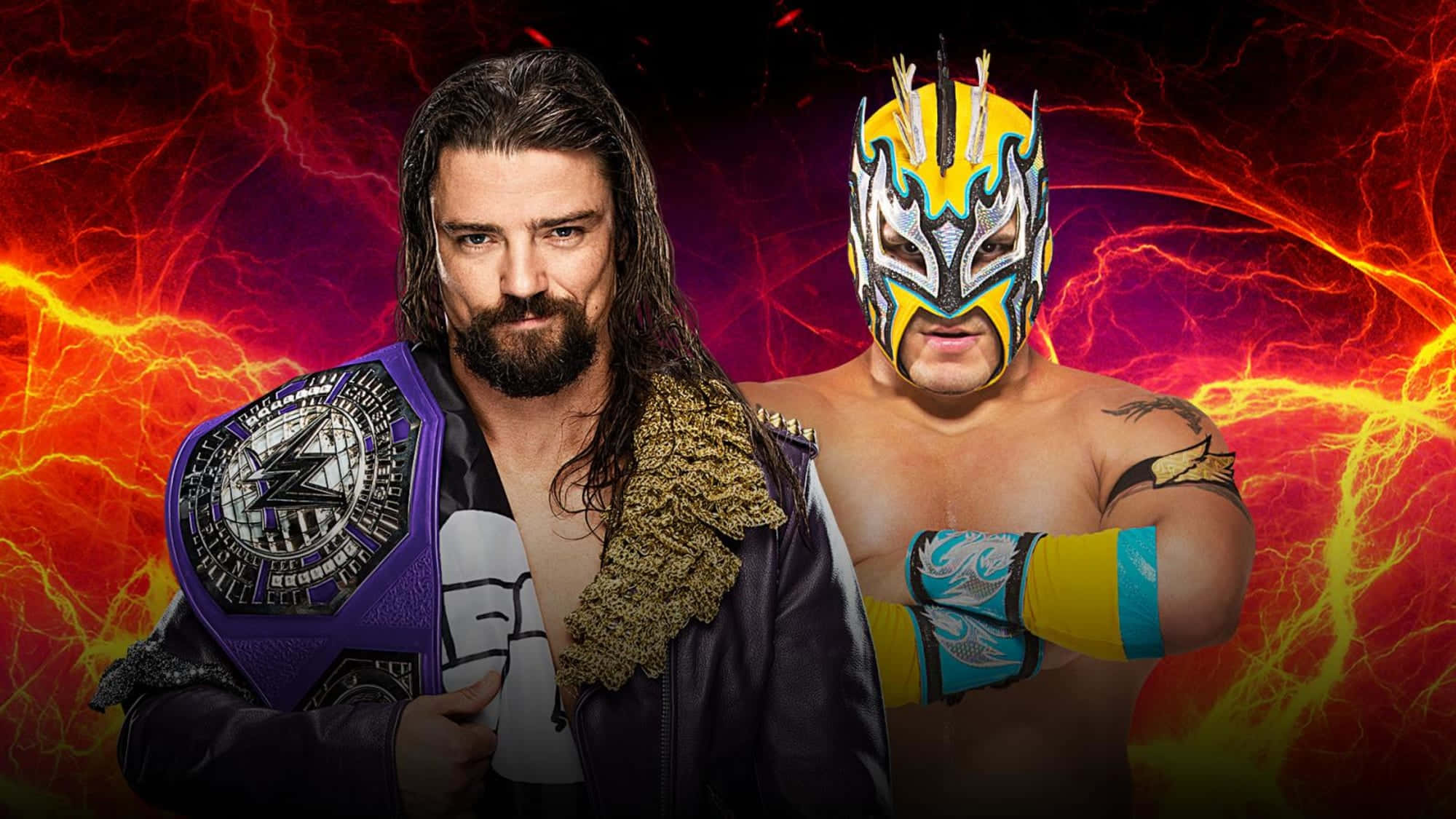 WWE 桌布 壁紙 — 兩名摔角手，一名戴著冠軍腰帶和面具，站在火熱的電光背景前。