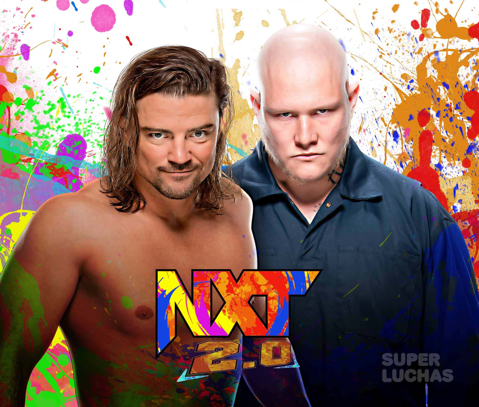 WWE 桌布 壁紙 — 兩名摔角手在充滿活力的潑漆背景前自信地擺姿勢，背景上有NXT 2.0標誌。