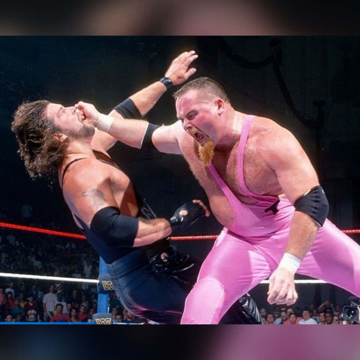 Wrestling 桌布 壁紙 — 兩名摔角手在擂台上交鋒，一人穿粉紅色緊身褲，另一人穿黑色，兩人在人群背後激戰中。