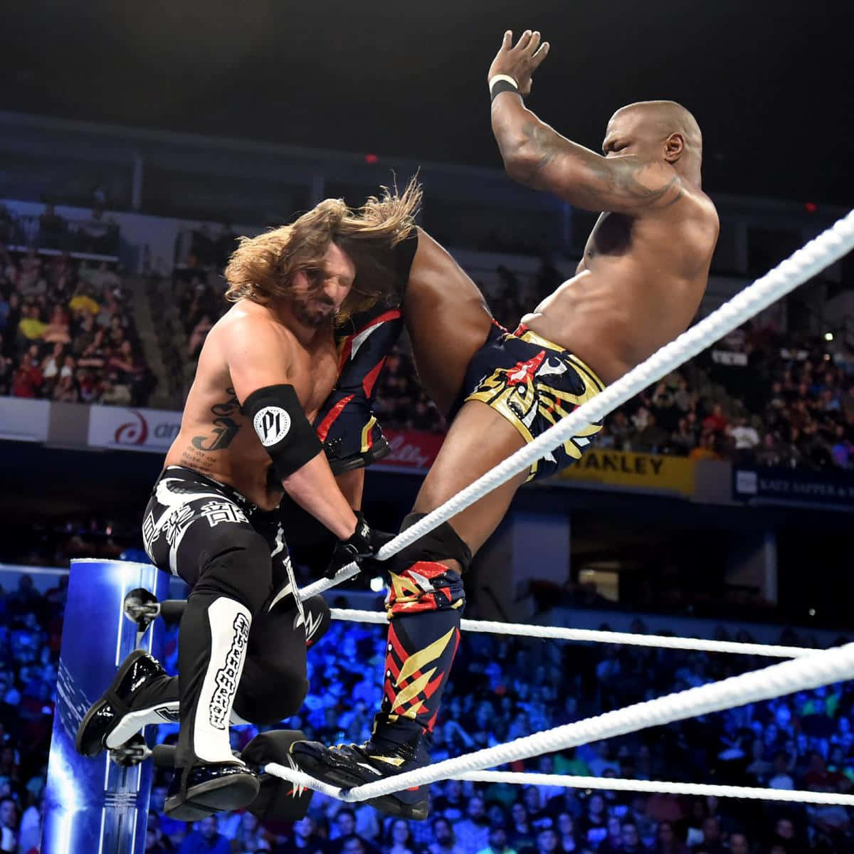 WWE 桌布 壁紙 — 兩名摔角手在燈光明亮的擂台上進行空中對戰，背景是喧囂的人群。