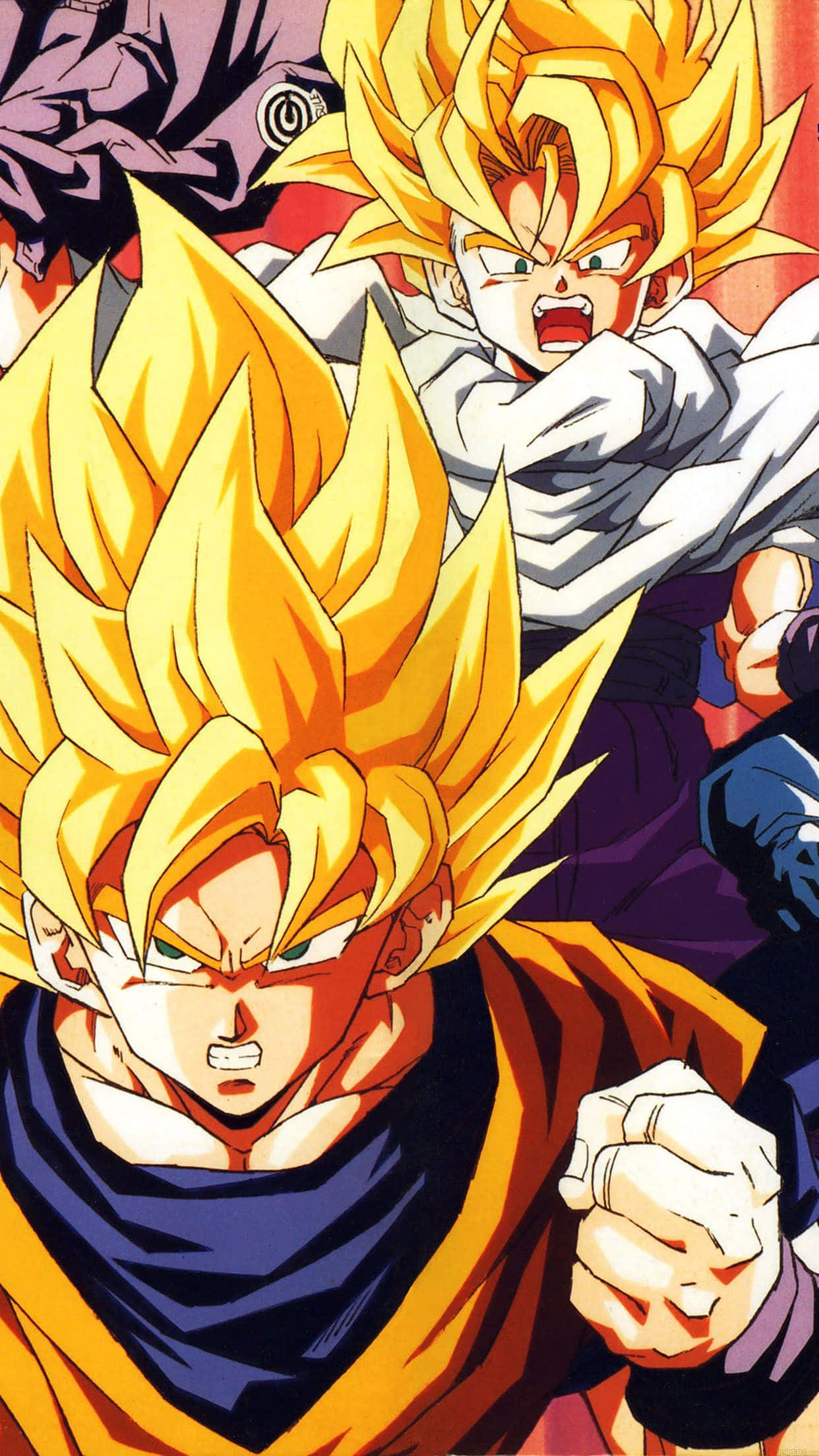 Dragon Ball iPhone 桌布 壁紙 — 兩名擁有金色尖刺頭髮的超級賽亞人戰士在動態的動漫戰鬥場景中兇猛咆哮。