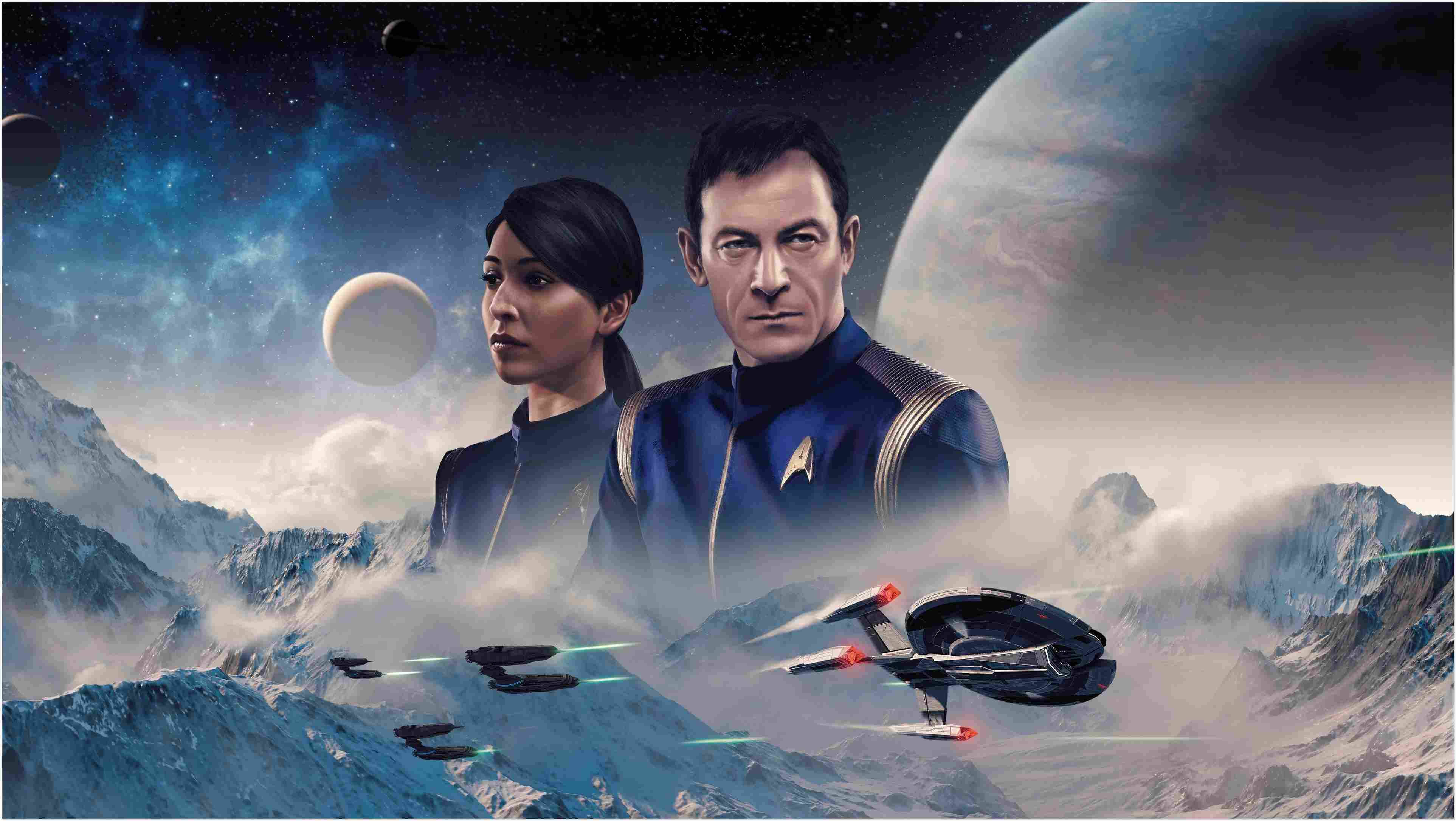 Discovery 桌布 壁紙 — 兩名星際艦隊軍官站在一個宇宙背景前，背景中有行星和星艦在雪山上方飛翔。