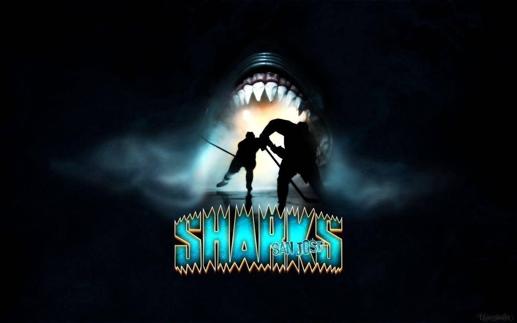 sharks 桌布 壁紙 — 兩名曲棍球運動員在發出藍光的巨型鯊魚嘴前以剪影形式打鬥。