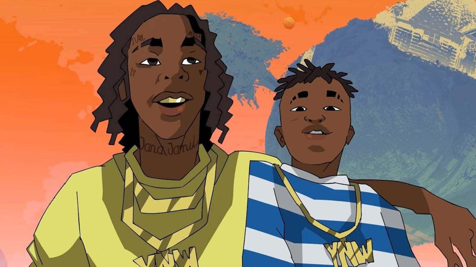 Ynw Melly Cartoon 桌布 壁紙 — 兩名有刺青和戴金鍊的動畫年輕男子在充滿活力的橙色和藍色抽象背景前自信地擺姿勢。