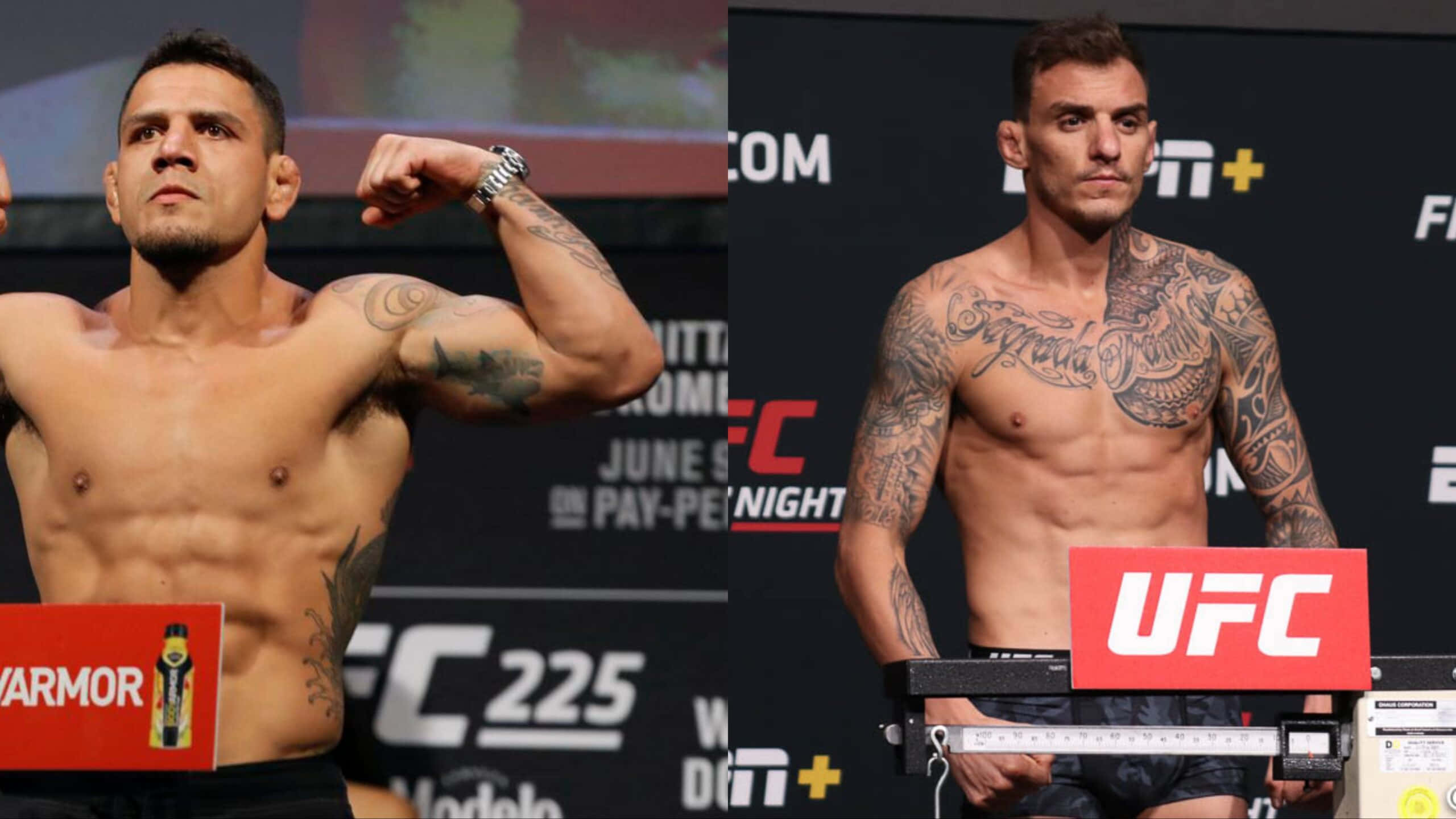 運動 桌布 壁紙 — 兩名有刺青的UFC拳手在稱重活動中赤裸上身站在體重磅上，背景有品牌標誌和贊助商標誌。