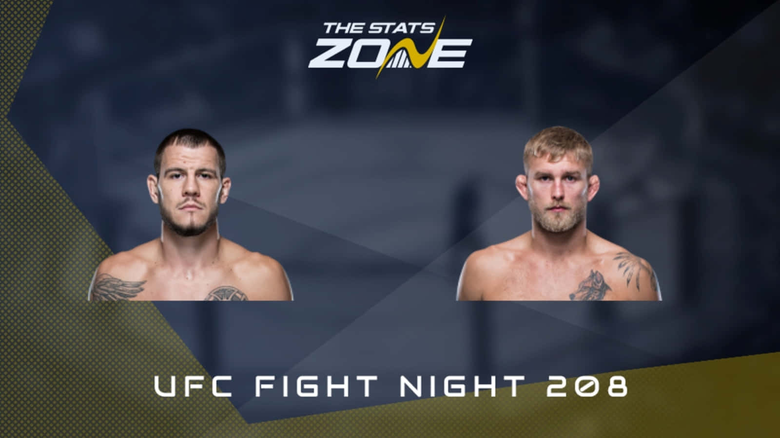桌布 壁紙 — 兩名有刺青的UFC拳手赤裸上身，在深色幾何背景與活動品牌標誌下互相凝視。
