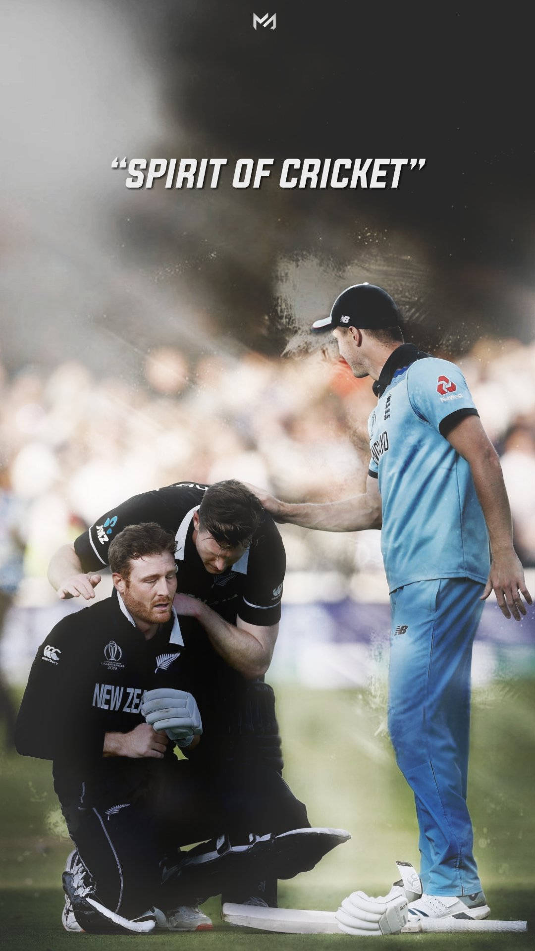 England Cricket 桌布 壁紙 — 兩名板球運動員正在比賽，一人跪地戴手套，另一人站立伸出手，文字顯示 spirit of cricket。