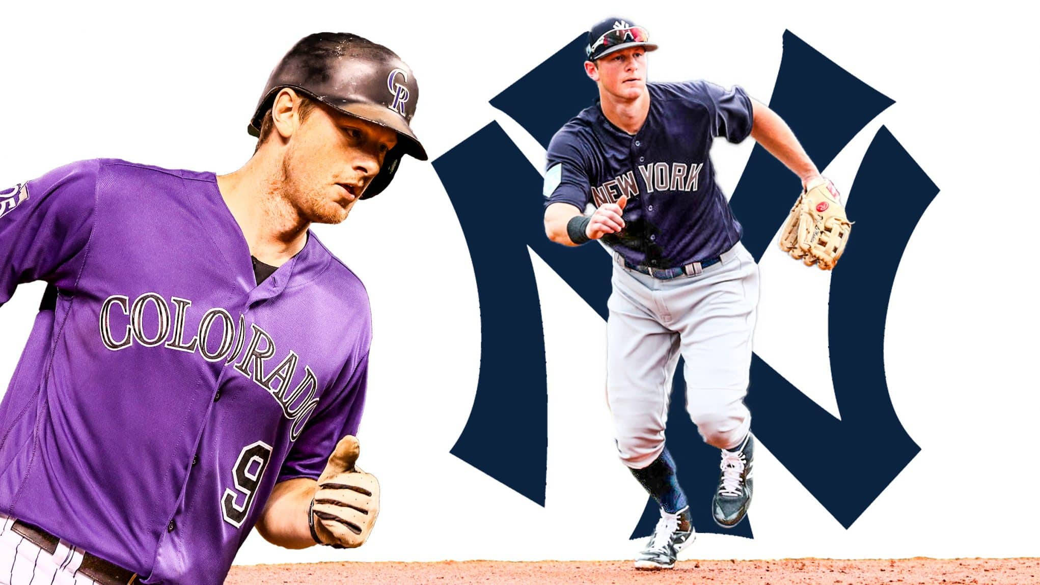 Dj Lemahieu 桌布 壁紙 — 兩名棒球運動員正在比賽，一人身穿紫色科羅拉多球衣，另一人身穿藍色紐約制服，背景是醒目的海軍藍洋基隊標誌。