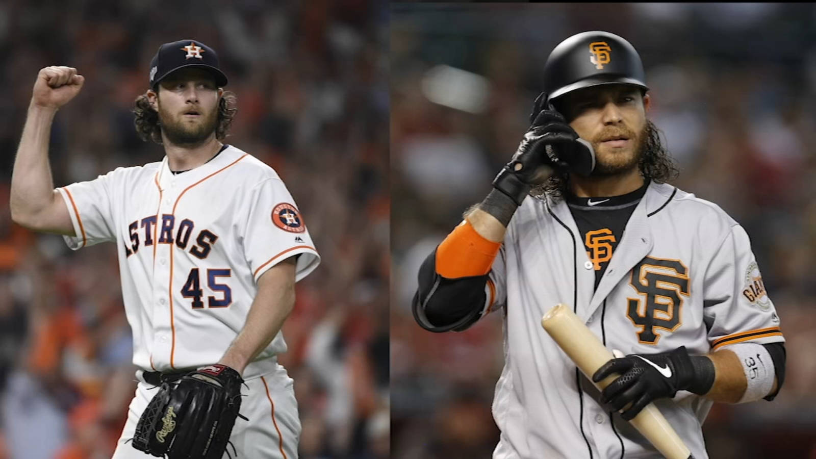 San Francisco Giants 桌布 壁紙 — 兩名棒球選手在比賽中，一人舉拳投球，另一人在本壘板持棒，兩人在明亮燈光下的球場。
