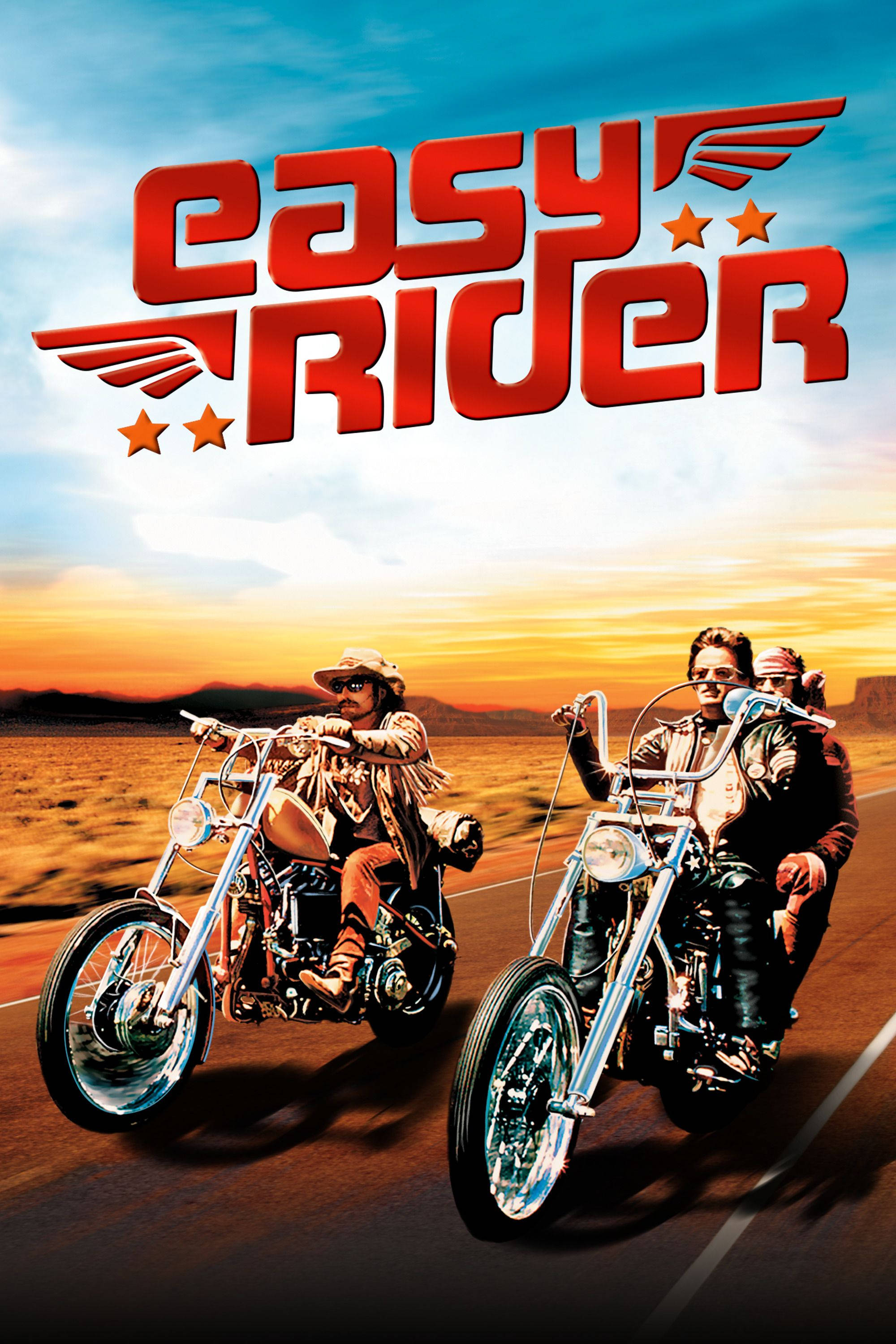 Easy 桌布 壁紙 — 兩名機車騎士騎著訂製chopper機車在沙漠公路上奔馳，夕陽西下，上方有「Easy Rider」標題。