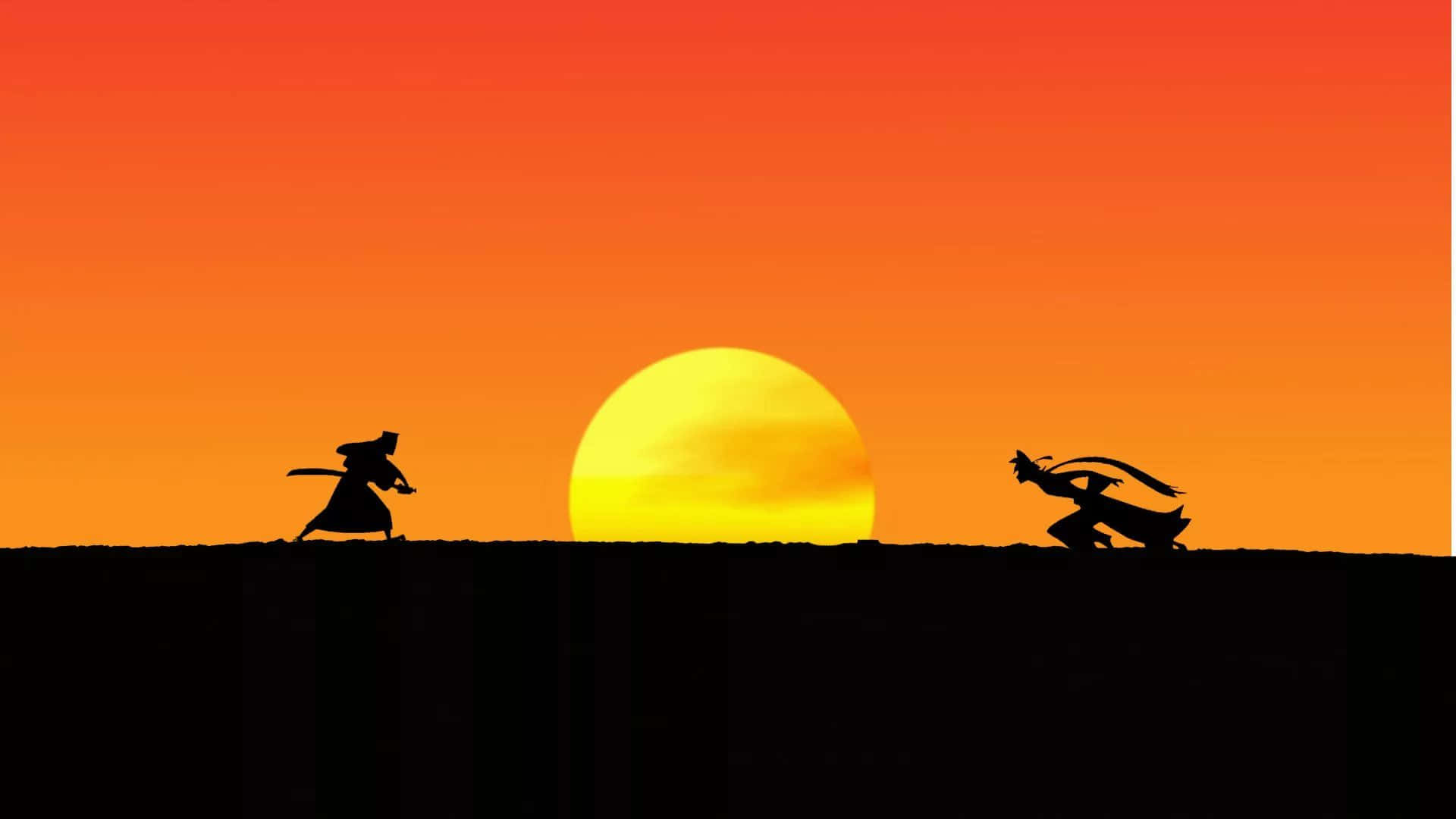 samurai jack 桌布 壁紙 — 兩名武士以剪影形式對峙，背景是火紅的橙色夕陽和一個巨大的發光太陽。