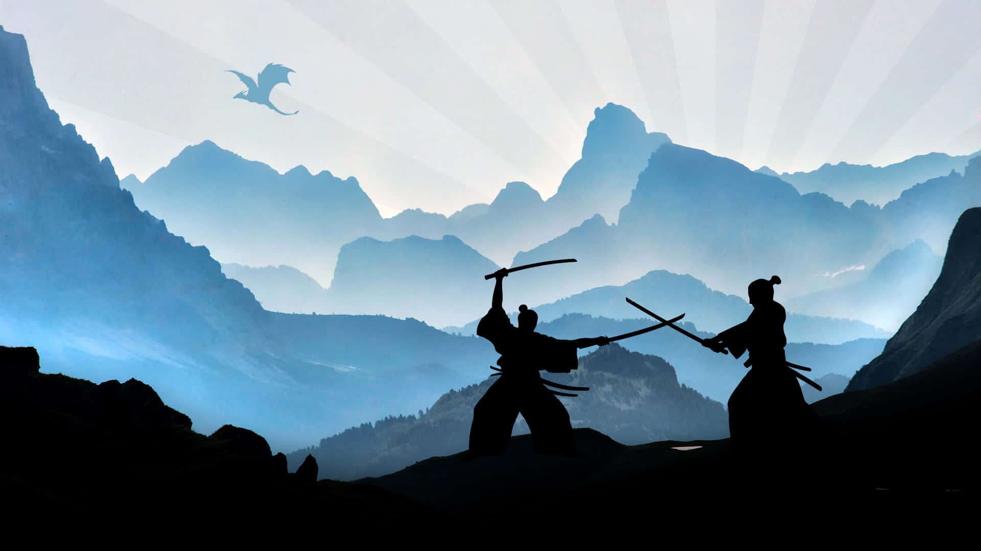 Fighting 桌布 壁紙 — 兩名武士在山脊上以剪影決鬥，一條龍在燦爛的藍天下飛過頭頂。