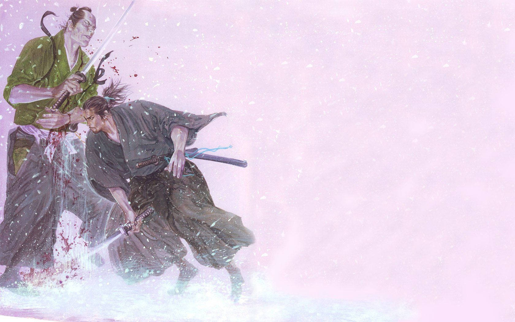兩名武士在雪景中戰鬥，鮮血飛濺。 — 武士動畫 壁紙