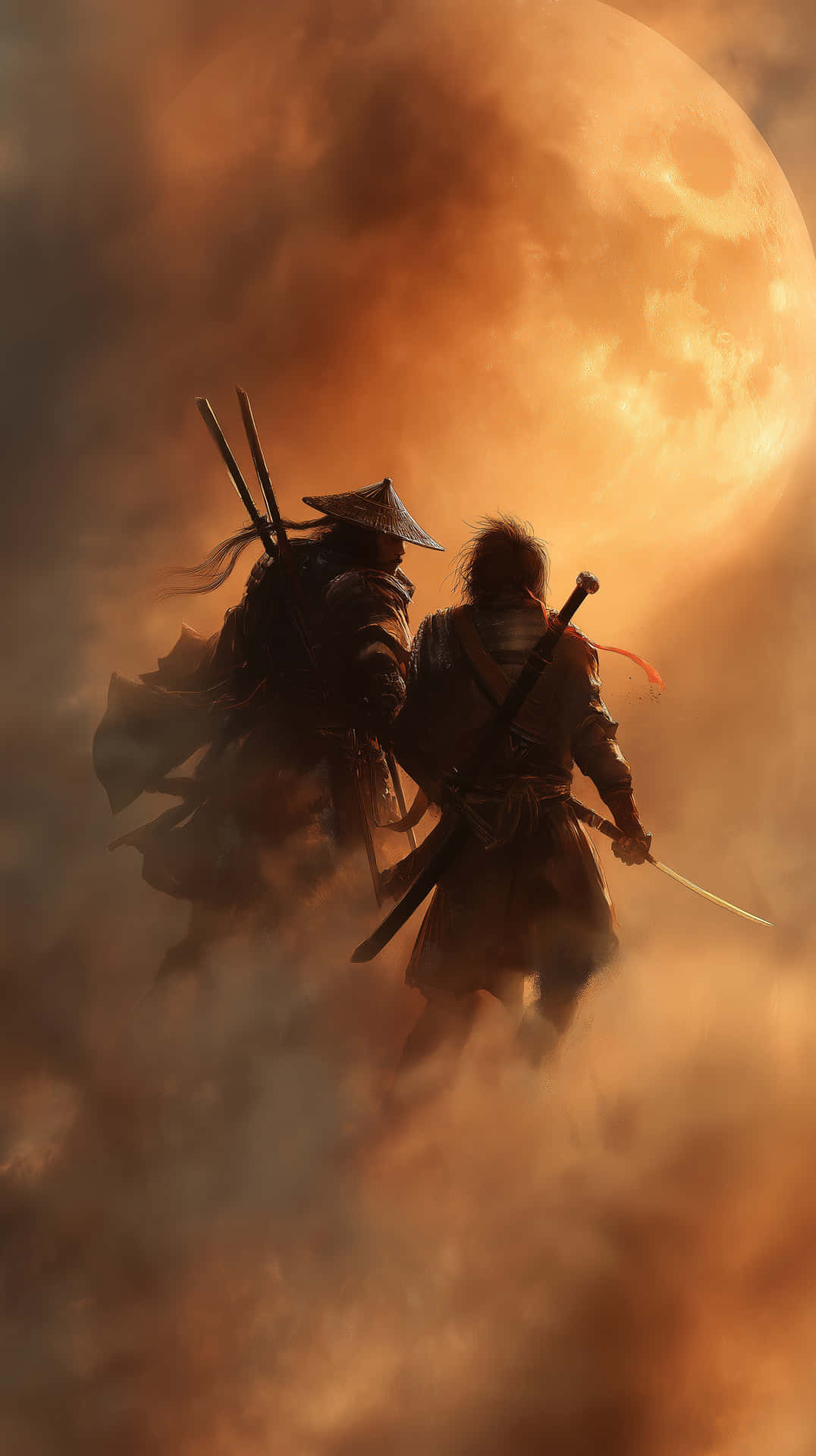 Desert Duel 壁紙 — 兩名武士戰士在巨大的發光月亮下，穿過旋轉的橙色迷霧大步前行。