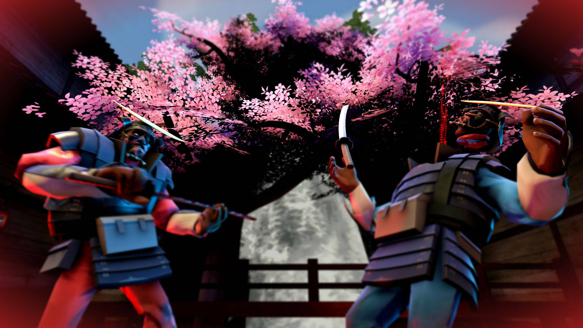 tf2 4K 桌布 壁紙 — 兩名武士戰士在鮮豔的粉紅色櫻花樹下激烈交鋒，構成戲劇性的數位戰鬥場景。