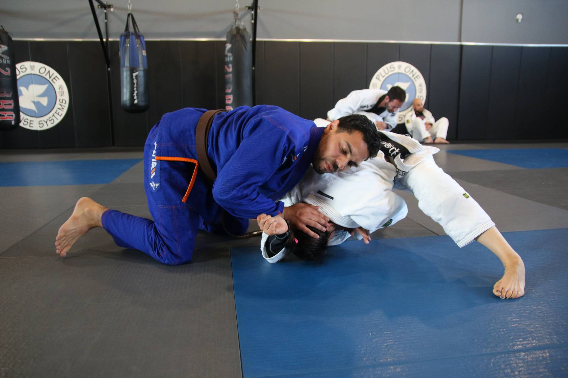 martial arts 桌布 壁紙 — 兩名武術家在一個有沙包和標誌可見的健身房的藍灰色墊子上激烈地扭打。
