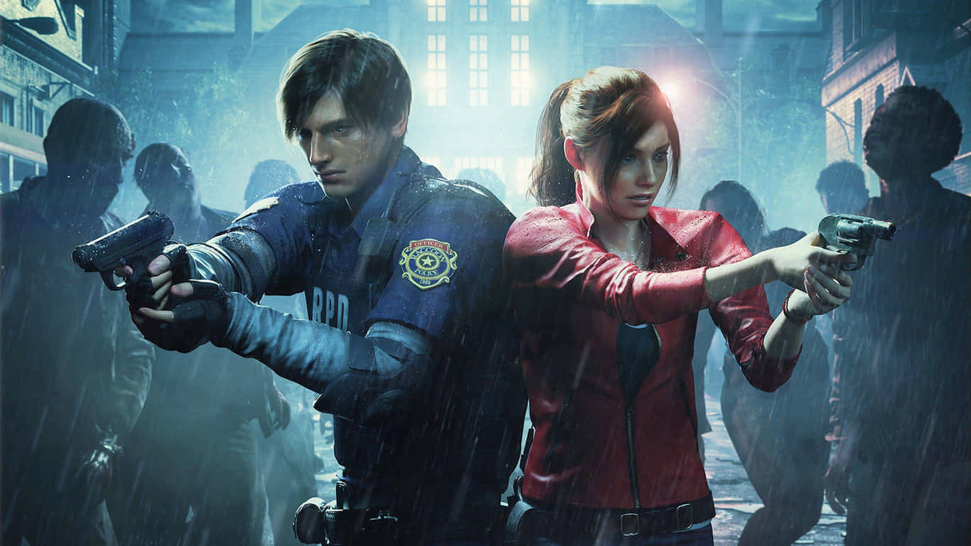 1366x768 Resident Evil 2 桌布 壁紙 — 兩名武裝主角在雨中城市街道上背靠背站立，面對發光建築物下的殭屍群。