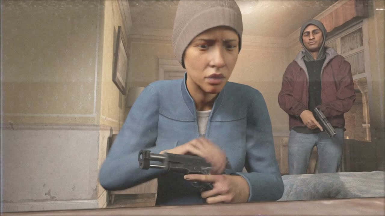 Half-life Characters 桌布 壁紙 — 兩名武裝人士在緊張的室內對峙中，一人在前景手持手槍，另一人站在她身後，兩人都戴著連帽衫或毛帽。