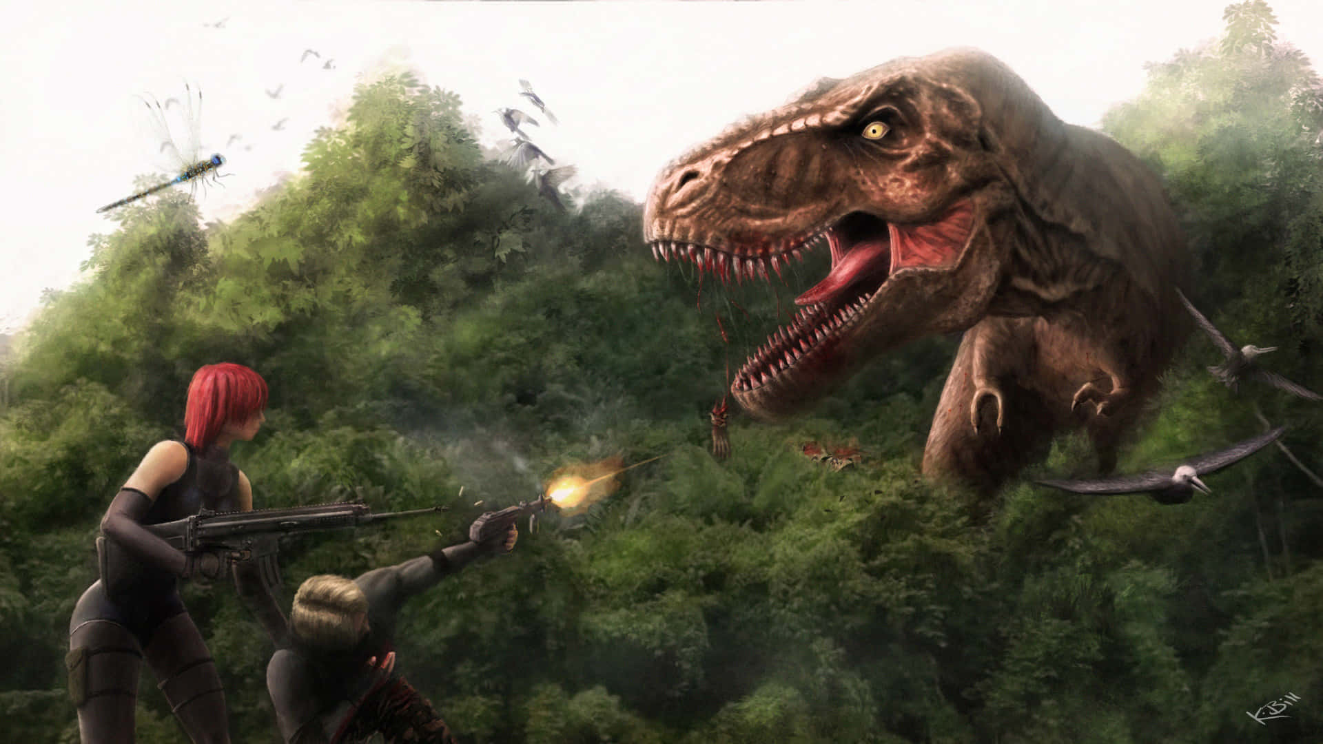 Dino 桌布 壁紙 — 兩名武裝人物向從茂密綠色森林中出現的咆哮暴龍開火，頭頂有飛翔的爬行動物。