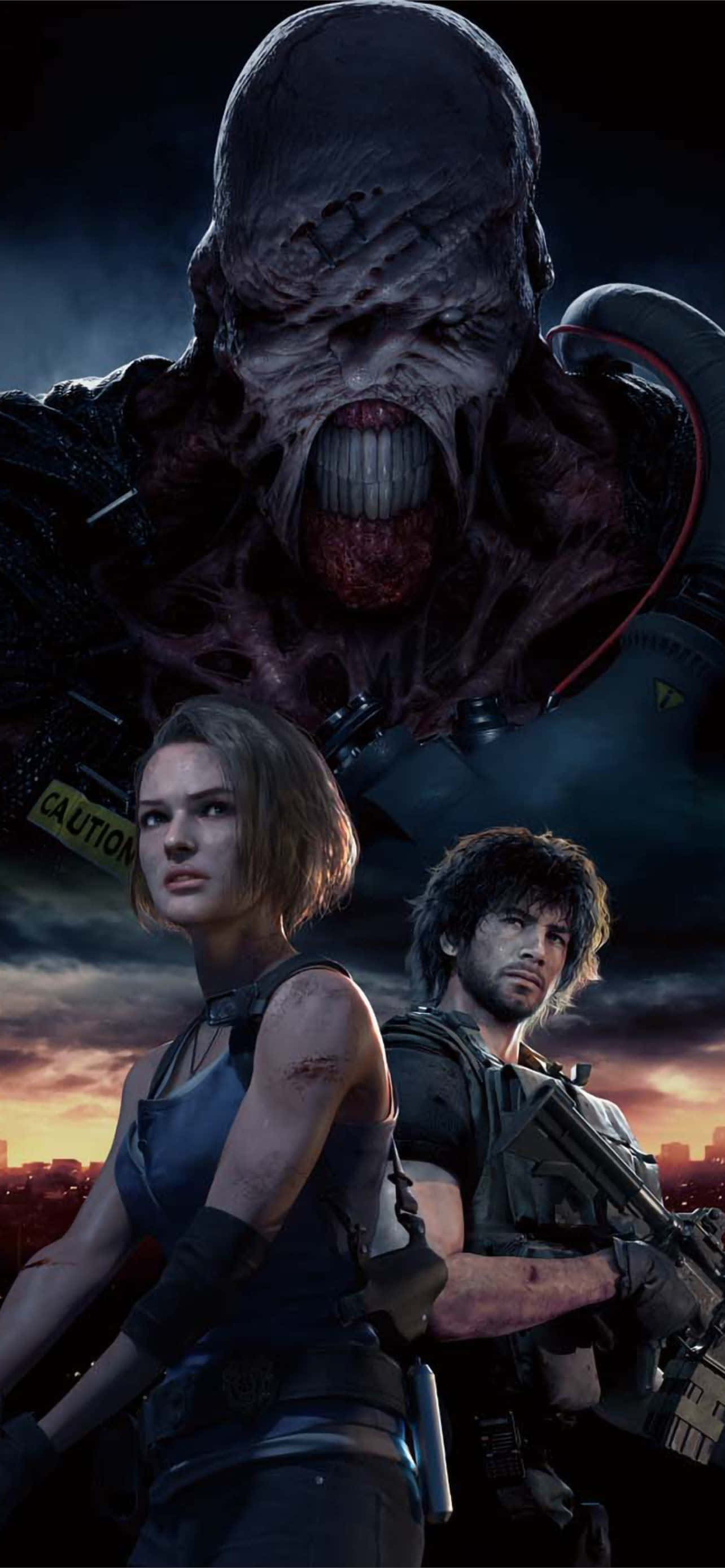 Resident Evil iPhone 桌布 壁紙 — 兩名武裝倖存者在火熱的日落城市景觀中面對一個高聳的怪誕怪物。