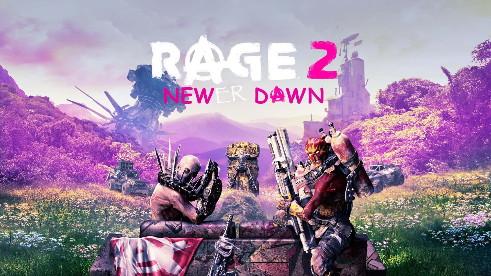Far Cry New Dawn 桌布 壁紙 — 兩名武裝倖存者坐在坦克上，身處一片充滿活力的紫色田野，背景有廢棄車輛和一座搖搖欲墜的塔樓。