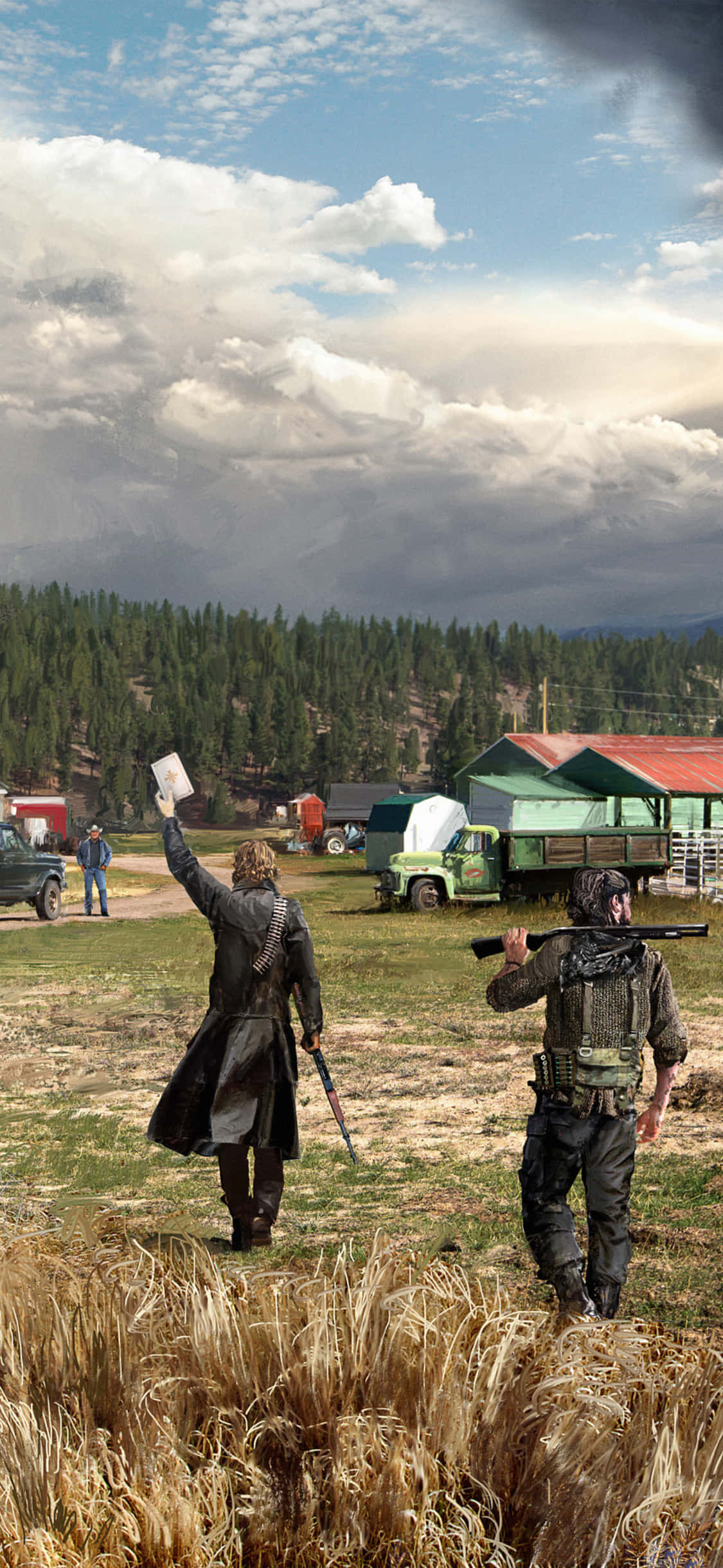 iPhone Xs Far Cry 5 桌布 壁紙 — 兩名武裝倖存者穿過麥田，走向一座質樸的農莊，天空烏雲密布，氣氛戲劇化。