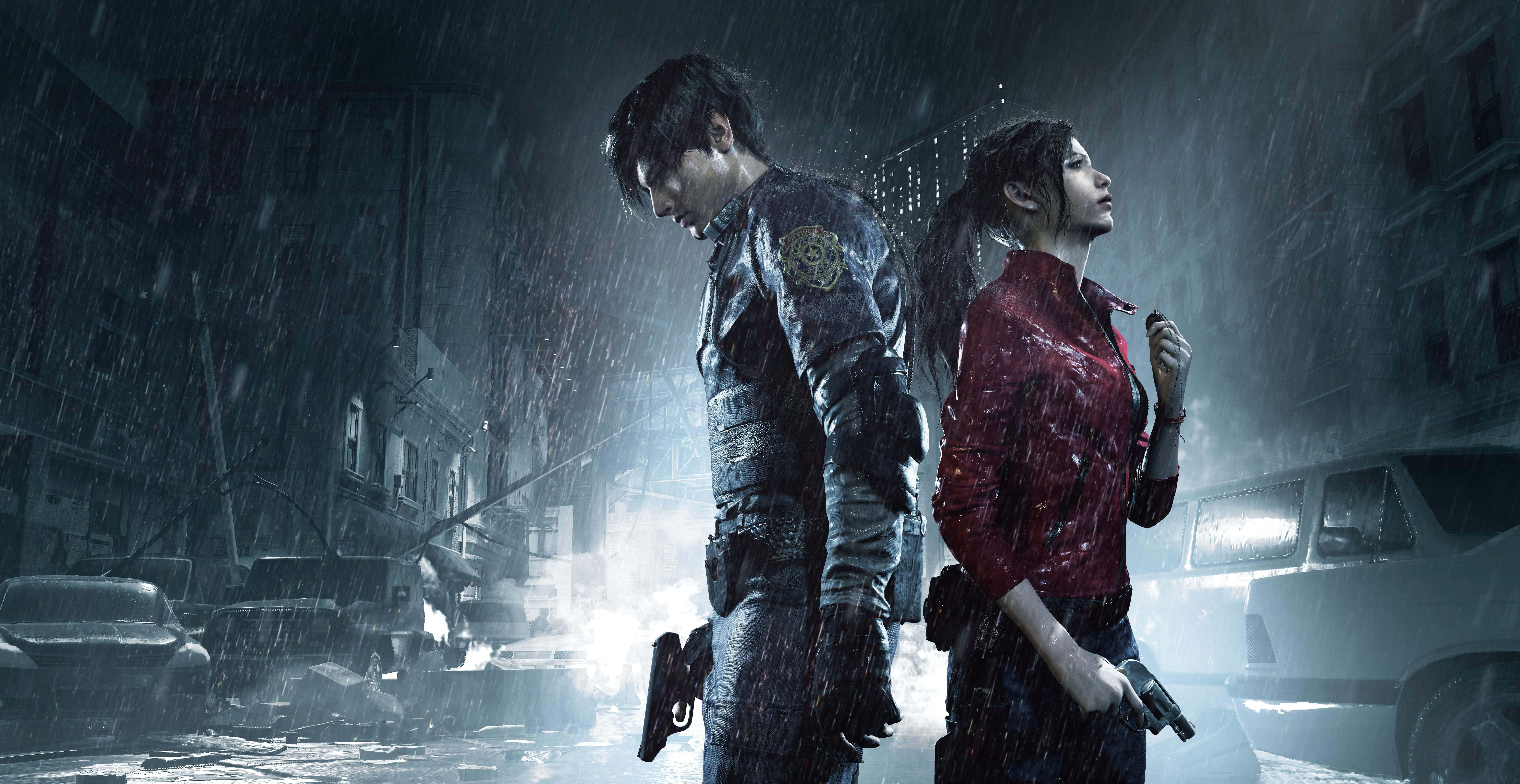 Survival Games 桌布 壁紙 — 兩名武裝倖存者站在被雨水浸透的廢墟城市街道上，天空陰暗風暴肆虐。