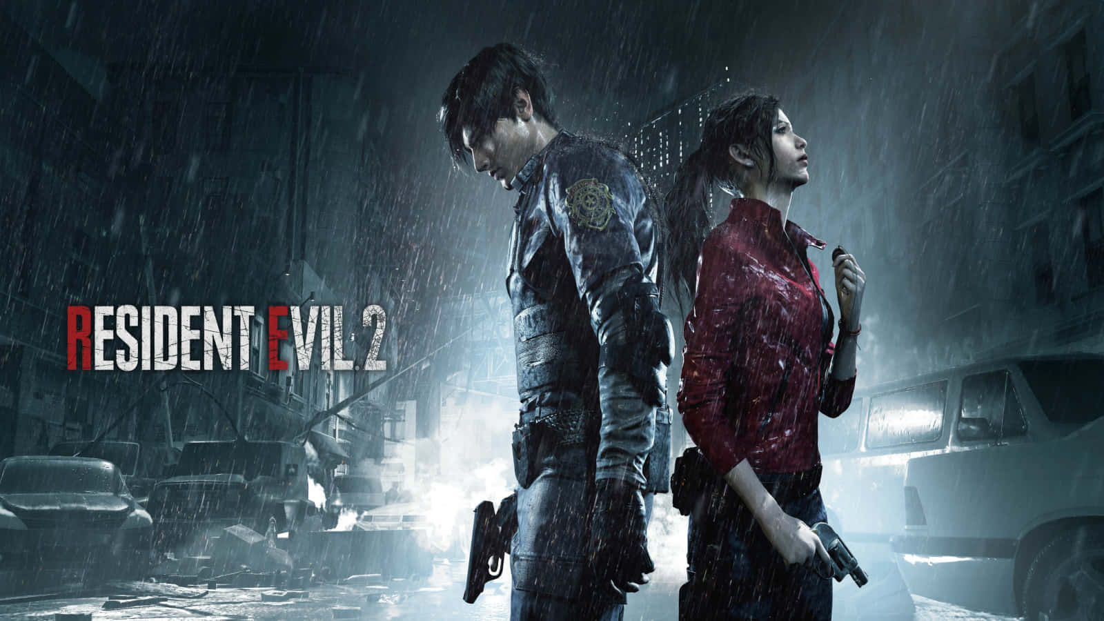 Resident Evil 2 桌布 壁紙 — 兩名武裝倖存者背光站立在雨水浸透的城市廢墟中，Resident Evil 2 標題在暴風雨之夜中發出紅光。