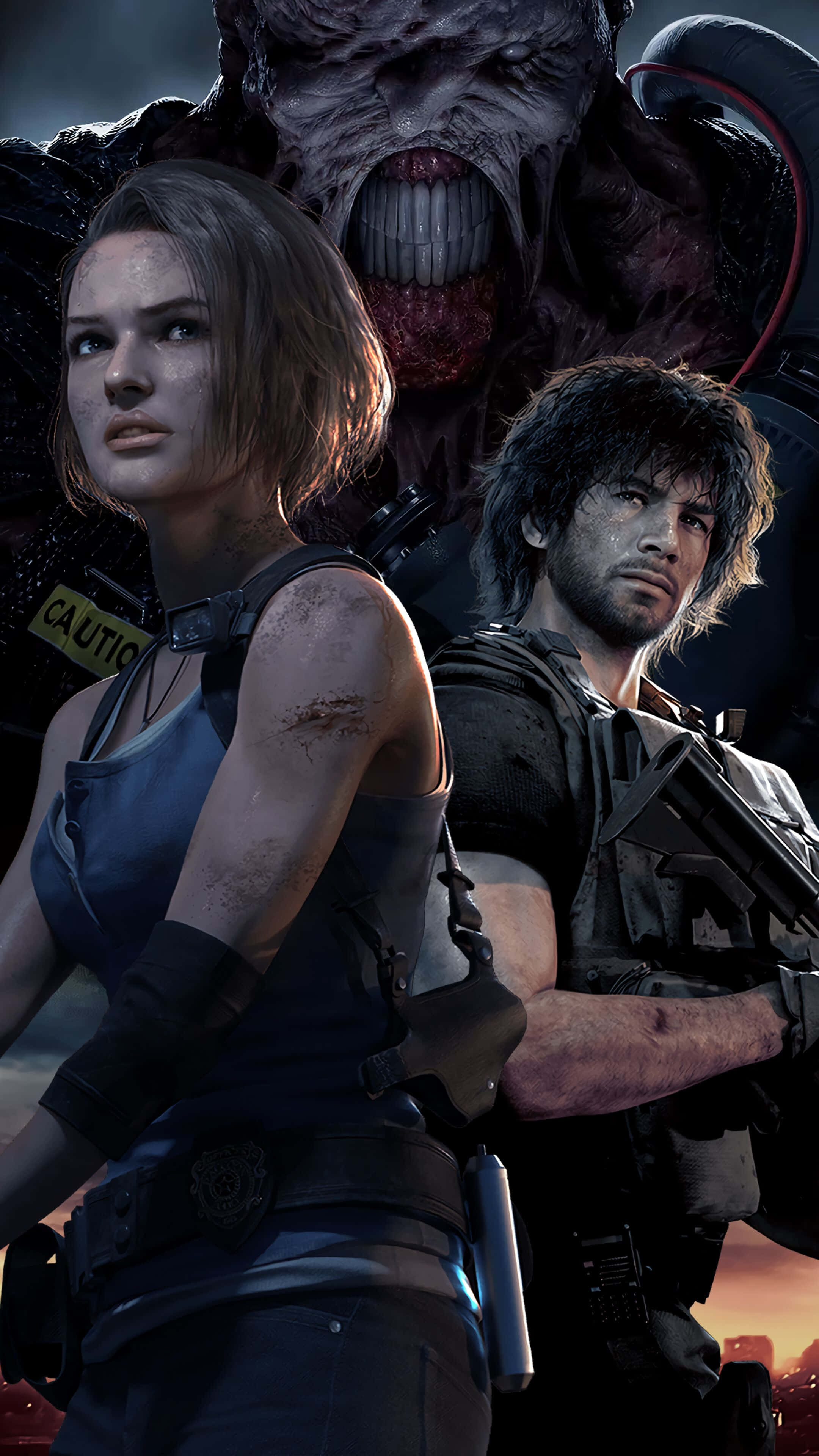 Resident Evil iPhone 桌布 壁紙 — 兩名武裝倖存者面對一隻擁有尖牙和角的怪物，背景是熾熱的日落。