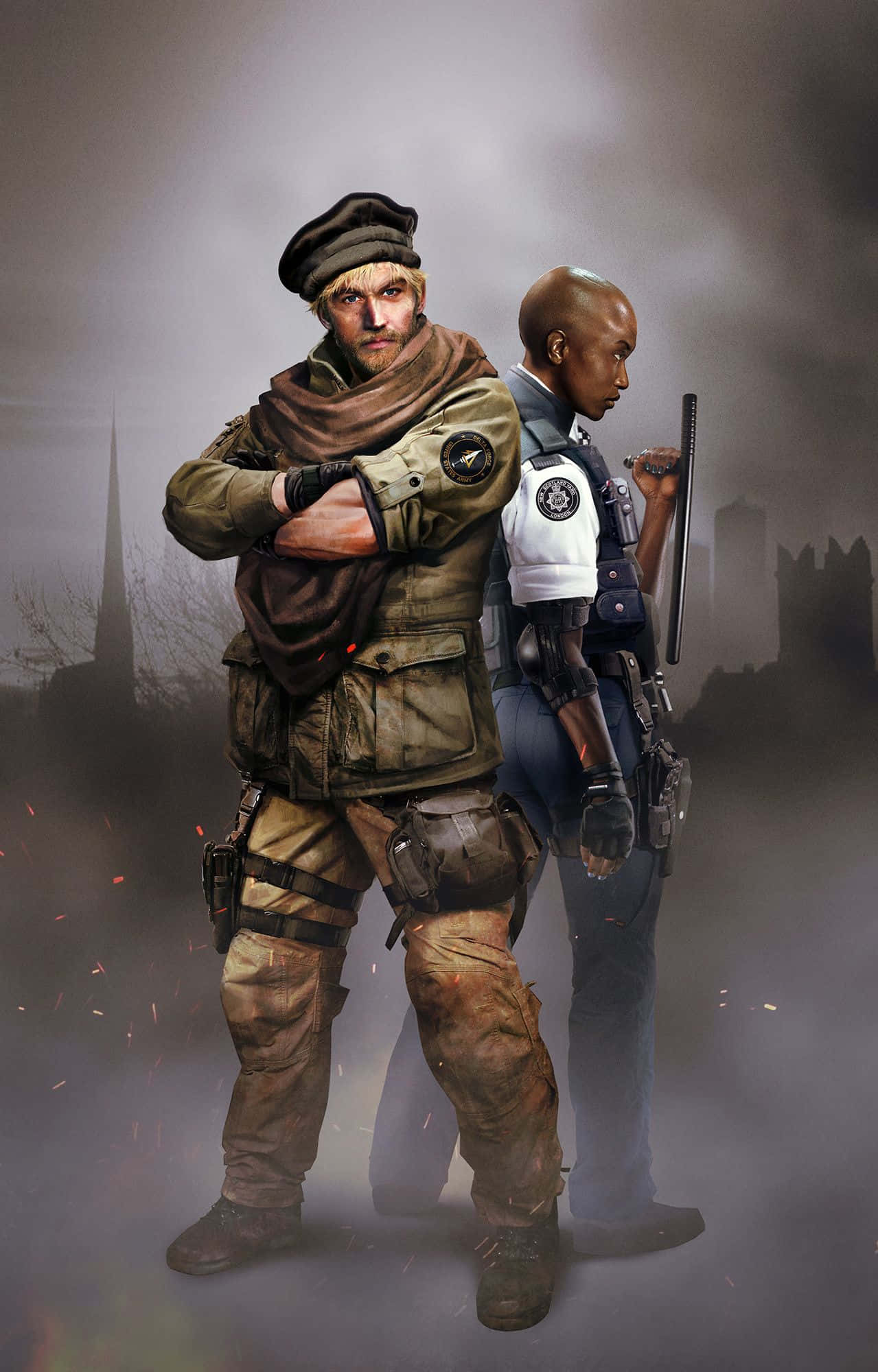 Rainbow Six Siege Maverick 桌布 壁紙 — 兩名武裝士兵在煙霧瀰漫的城市廢墟中背靠背站立，周圍火花四濺。