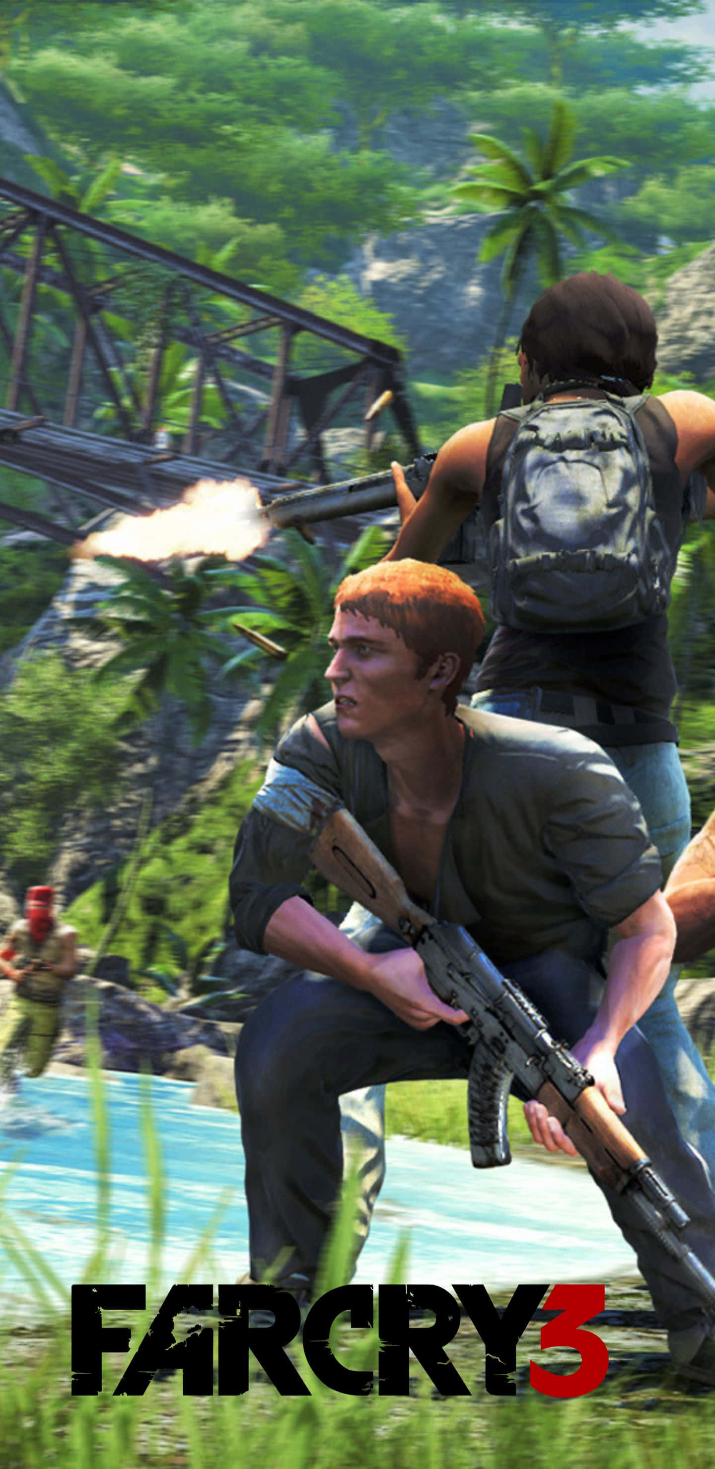 Pixel 3xl Far Cry 3 桌布 壁紙 — 兩名武裝士兵在茂密的熱帶叢林中，在金屬橋附近進行戰鬥，伴隨著槍火和煙霧。